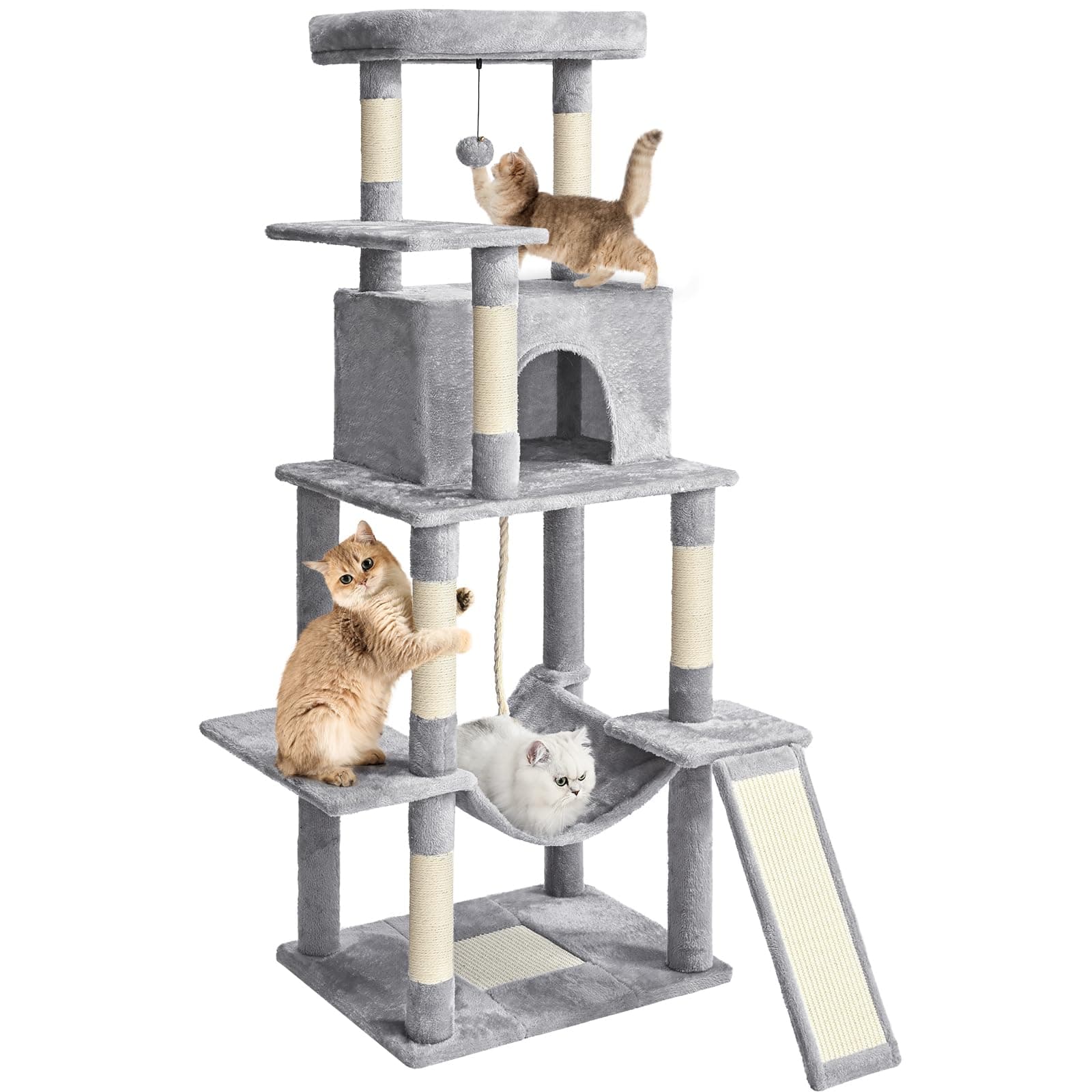 Multi-Level Cat Tree Tower with Sisal Scratching Posts & Hammock - Light Grey