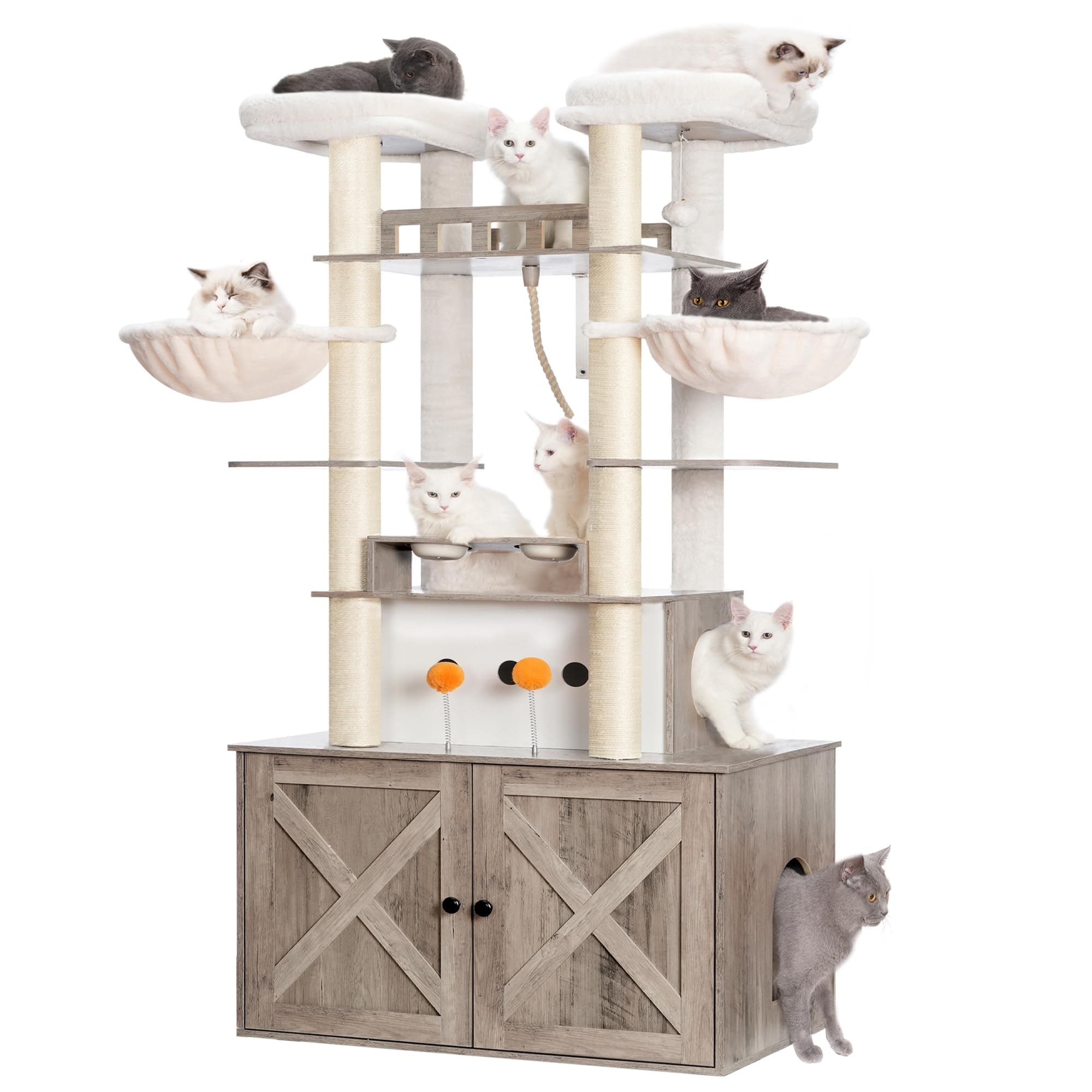 Heybly All-in-One Cat Condo with Litter Box Enclosure, Scratching Posts, and Large Platform for Big Cats - Rustic Gray HCT112SG