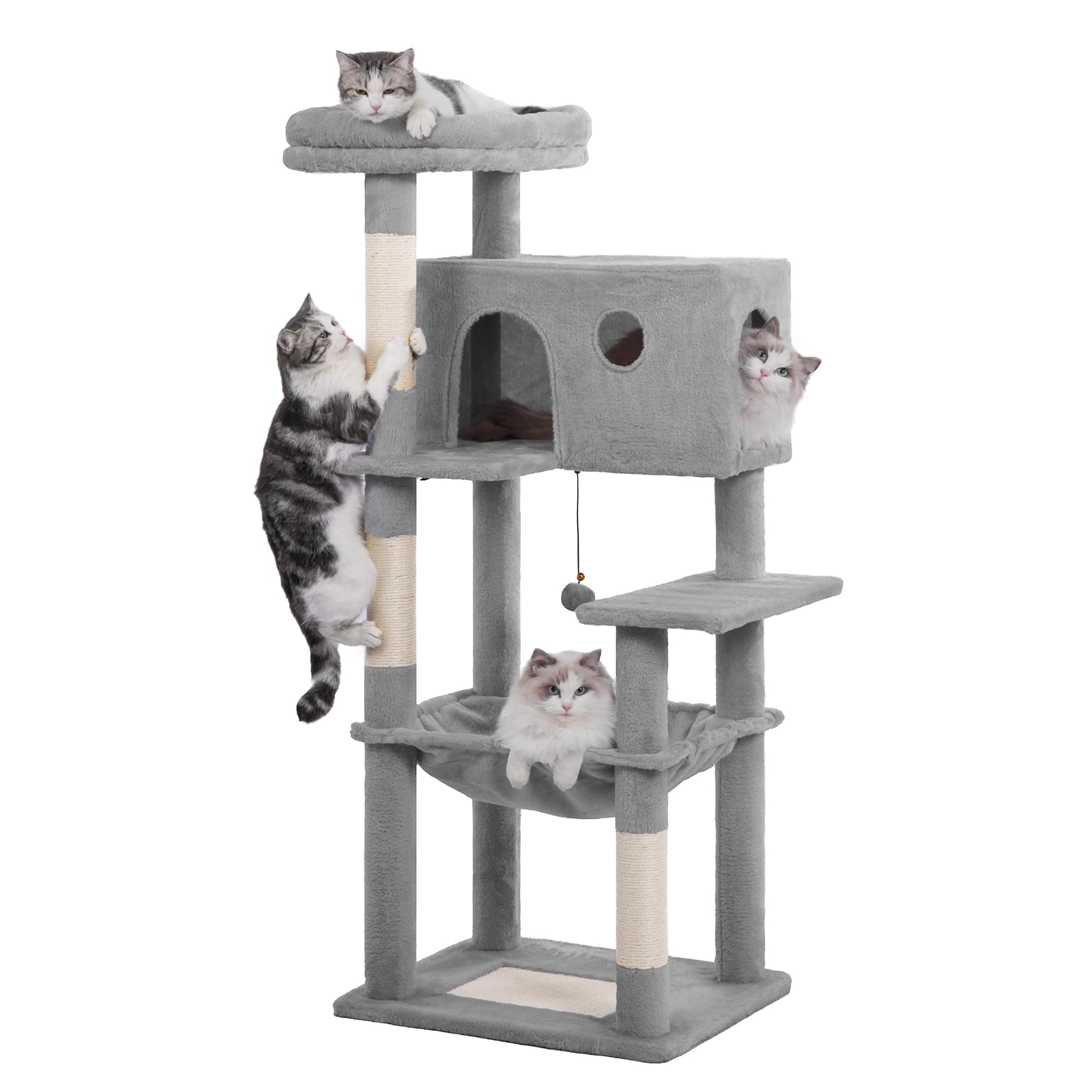 Indoor Cat Tree for Large Adults 54" Multi-Level Grey Tower with Hammock and Scratch Post