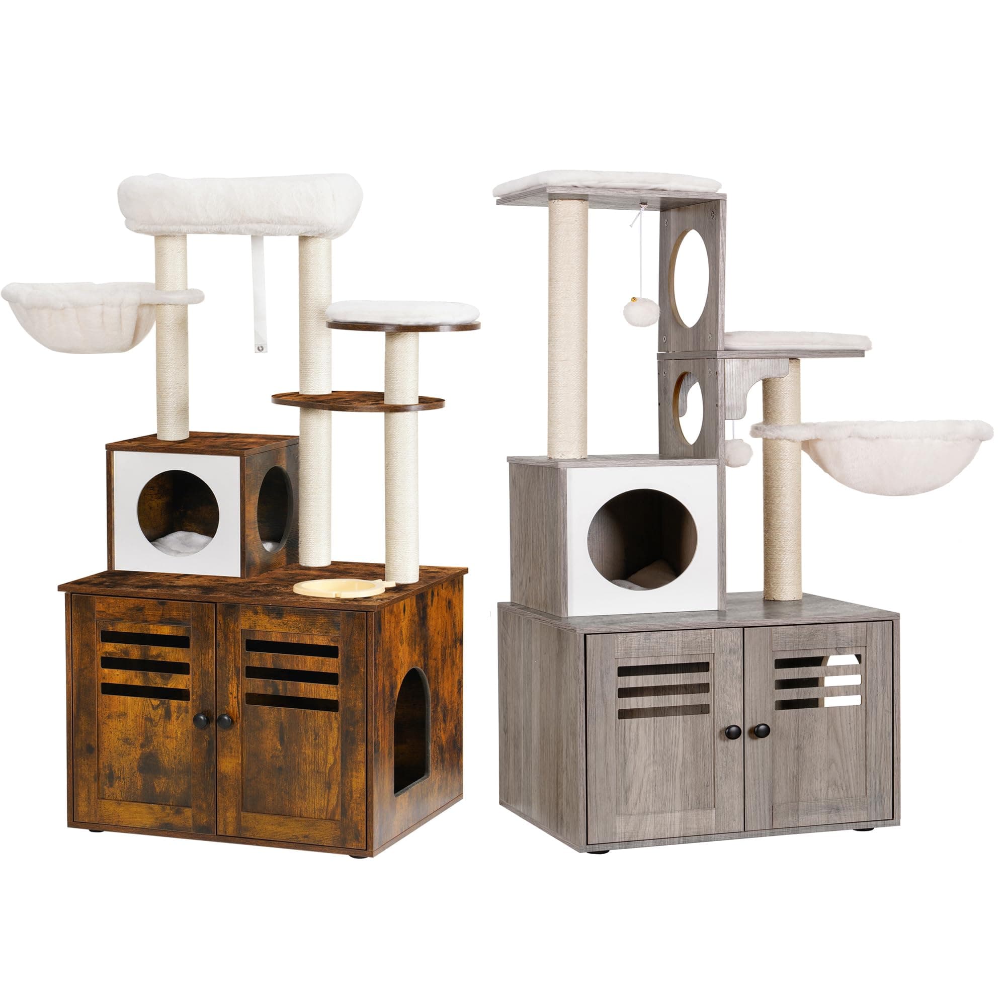 Modern Style Cat Tower with Wood Litter Box Enclosure and Large Platform