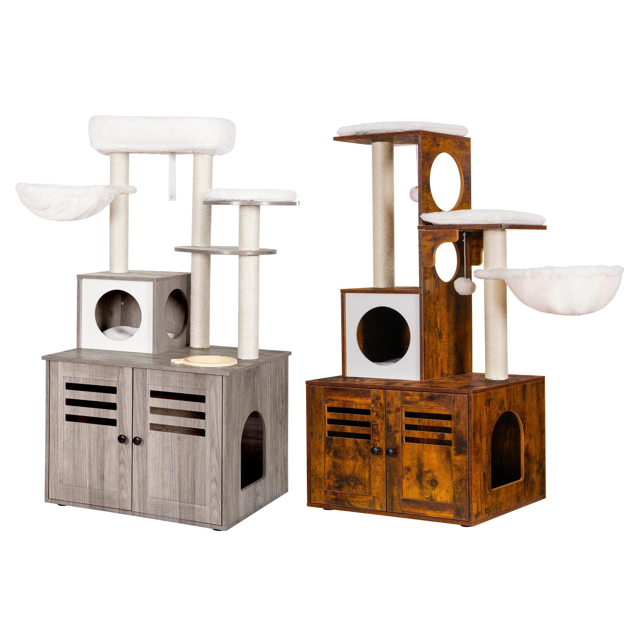 Heybly Wood Litter Box & Cat Tree, Large Platform & Condo, Modern Style Cat Tower, HammockIncluded