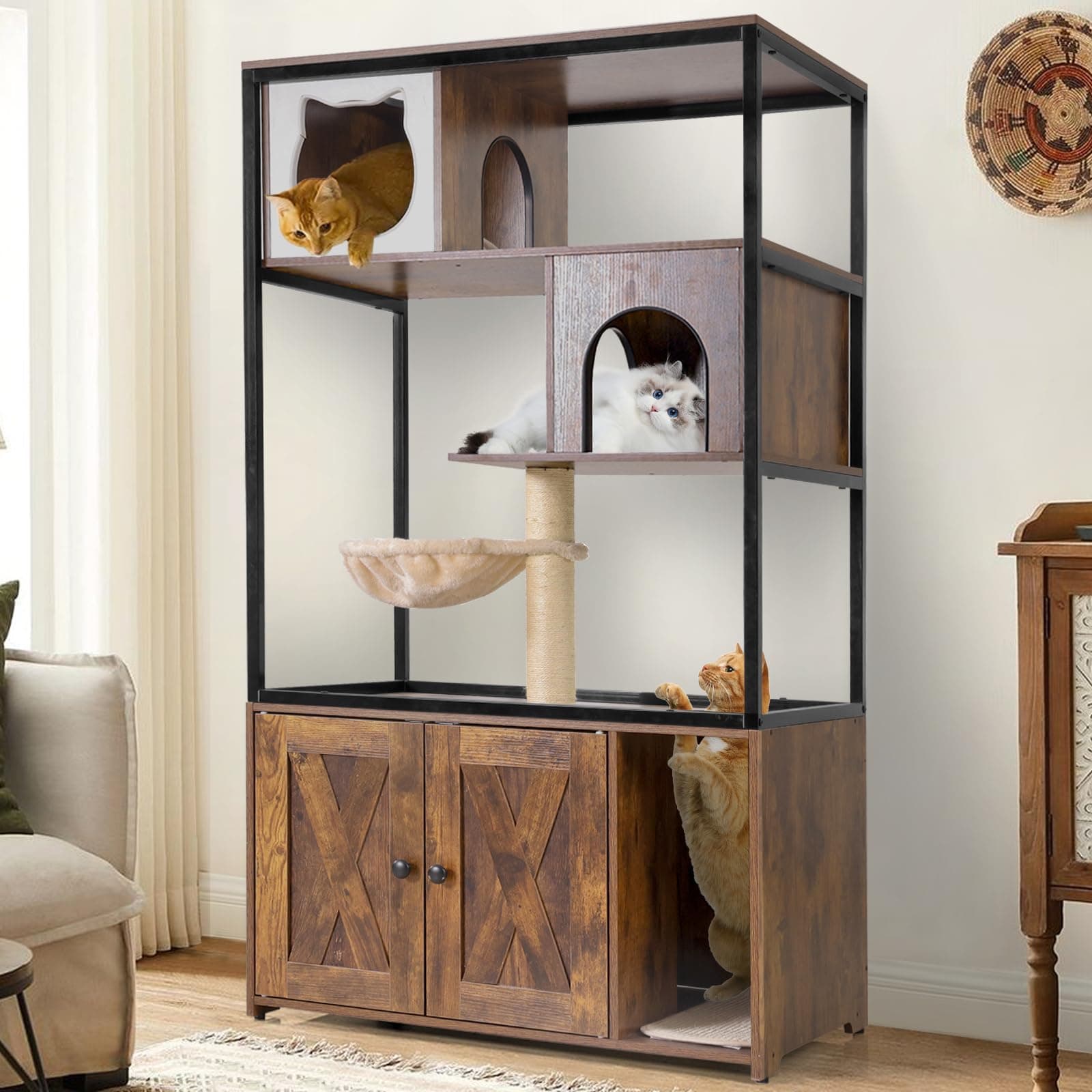 Gutinnie Cat Tree with Hidden Litter Box & Scratching Post, 57.5" Rustic Brown