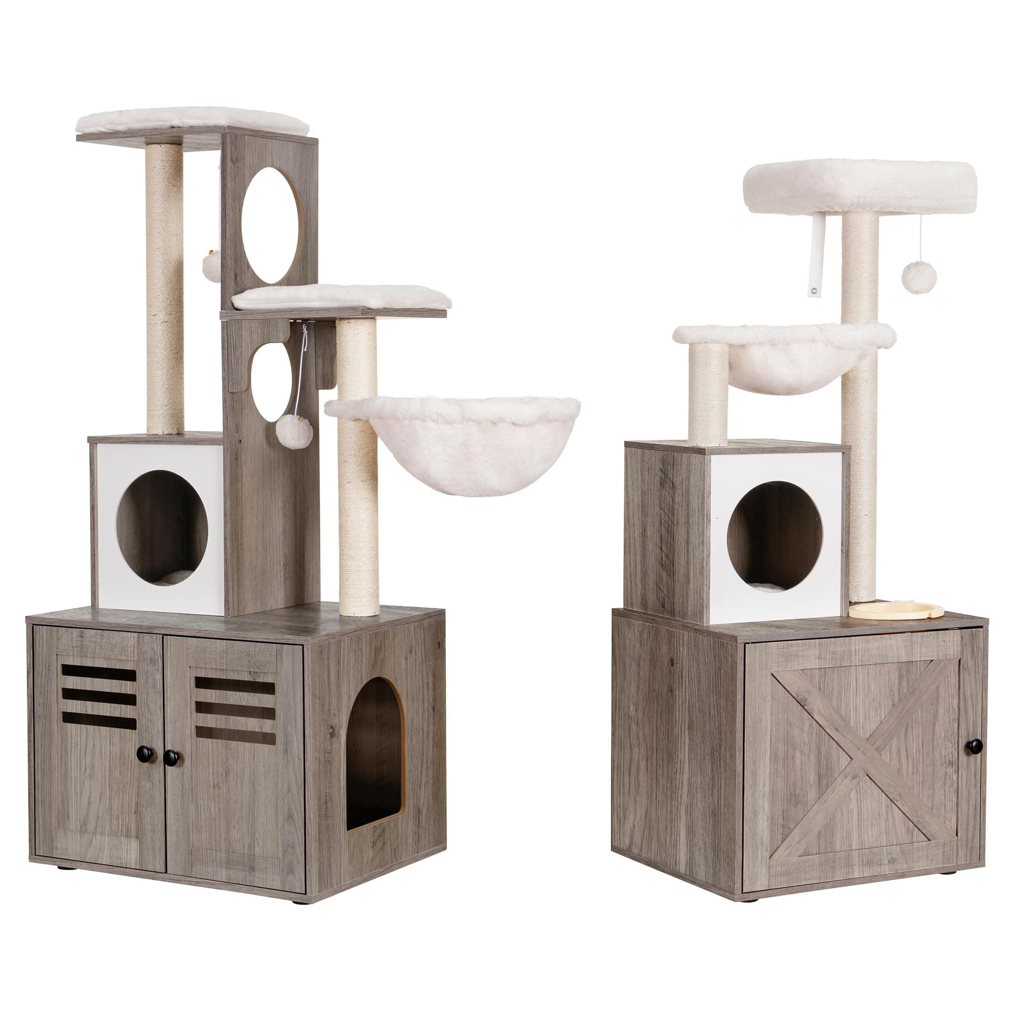 Heybly Wood Litter Box & Cat Tree Combo with Large Platform & Condo, Modern Style Cat Tower