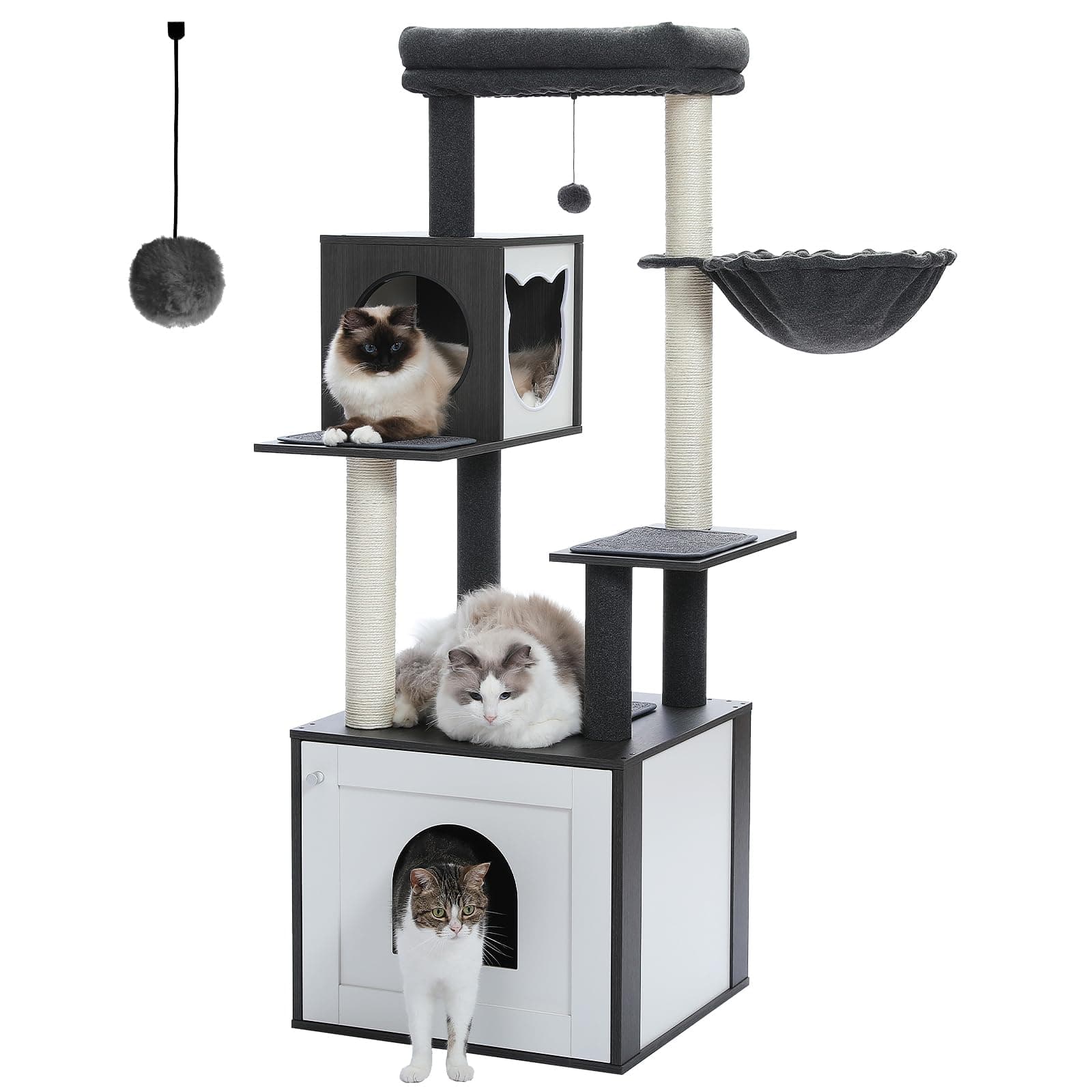 Petepela Large Wood Cat Tree with Litter Box, Storage & Scratching Post, Black