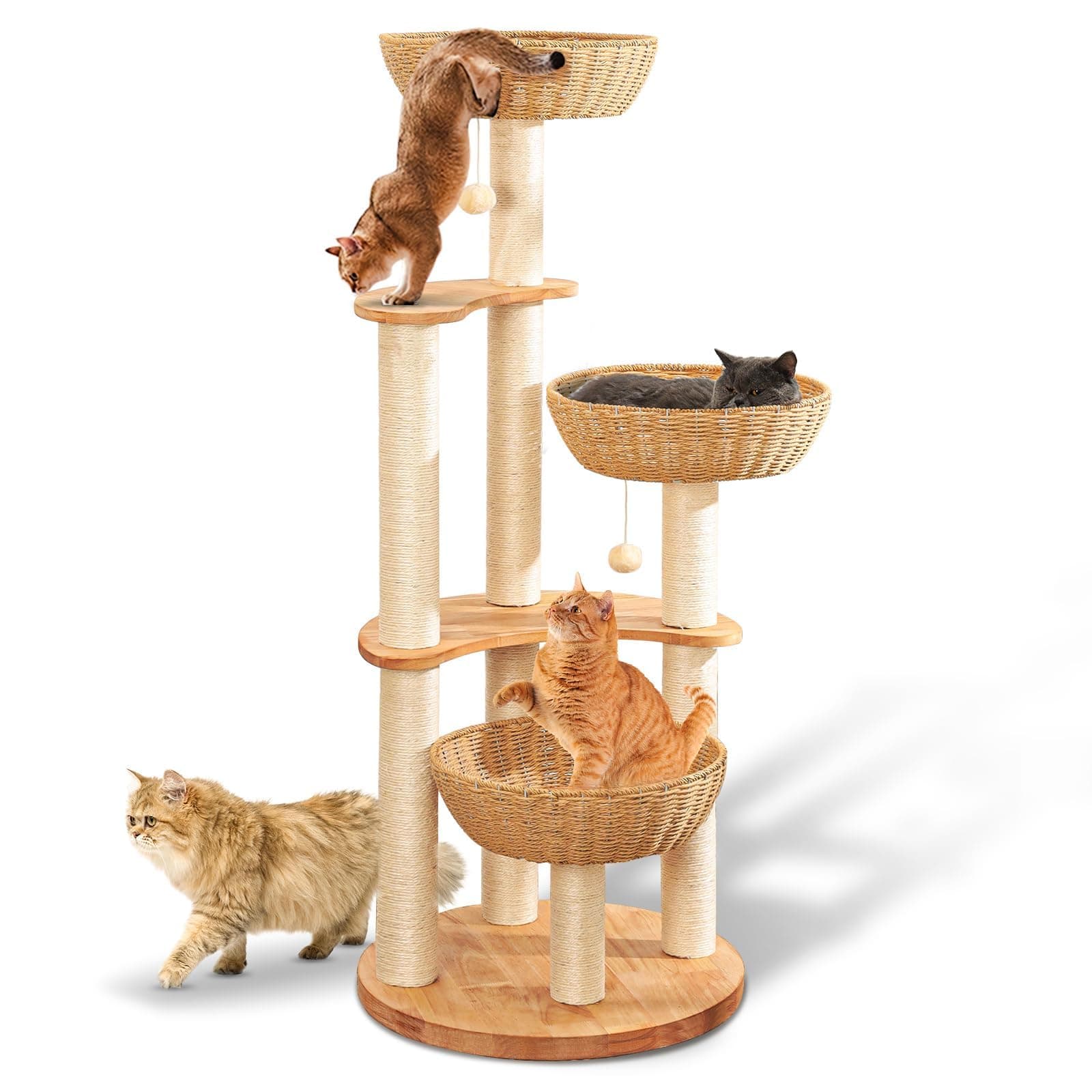"Luxury Oak Cat Tree Tower for Multiple Cats, Manual Hand Woven, Easy Clean"