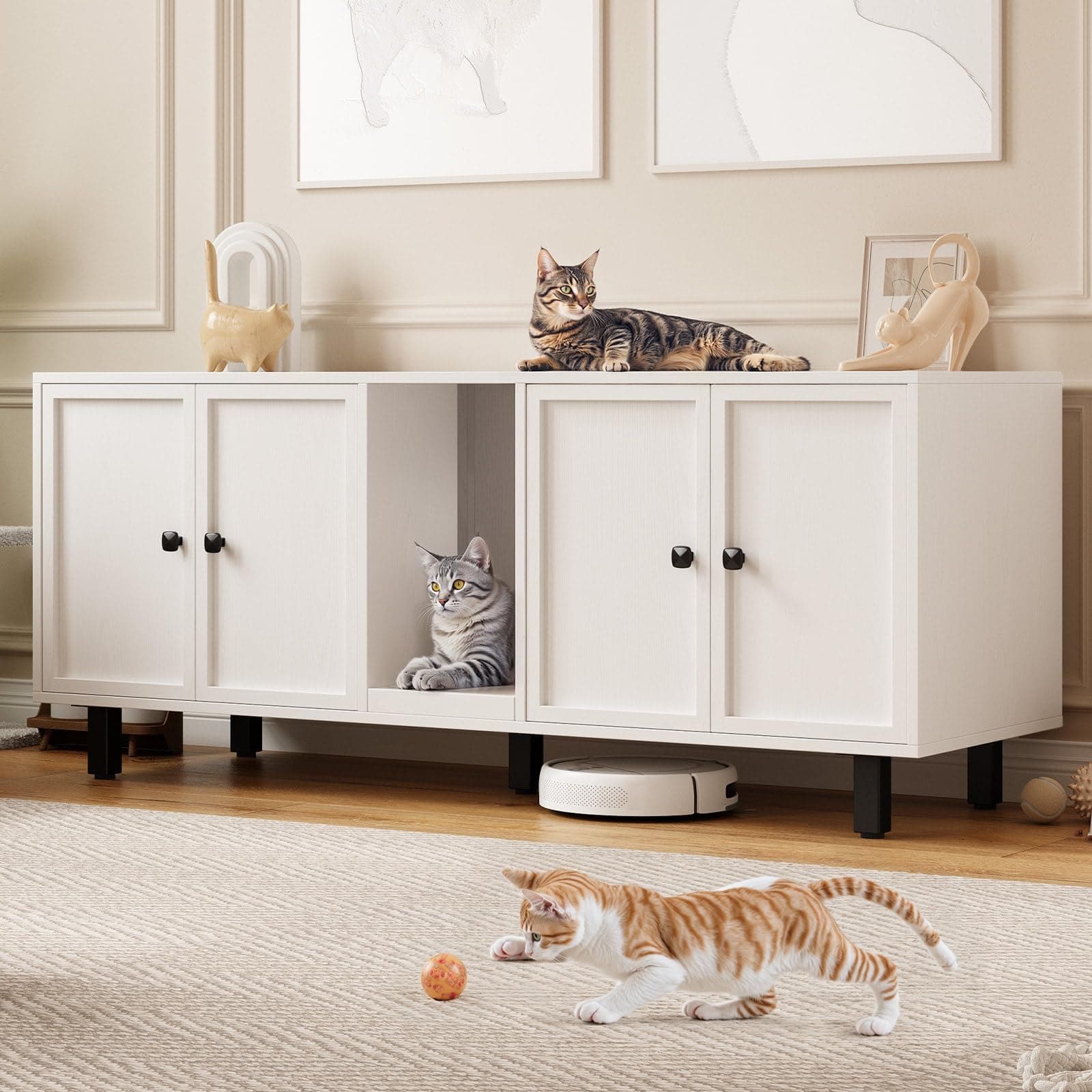 Cat Scratch Pad Litter Box Enclosure, 59 Inches, Off White, Double Room