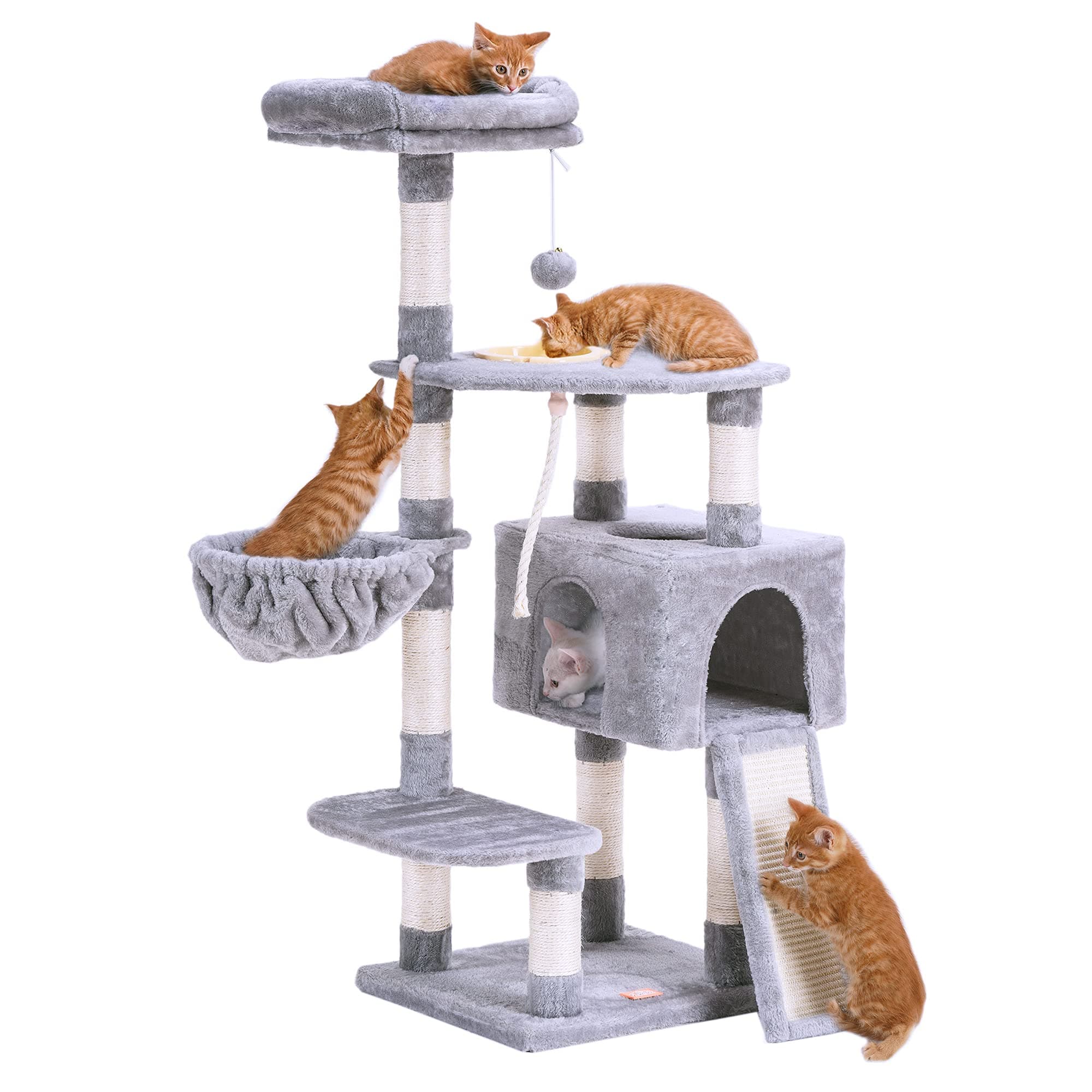 Heybly Multi-Level Cat Tree with Scratching Board and Feeding Bowl for Indoor Cats - Light Gray