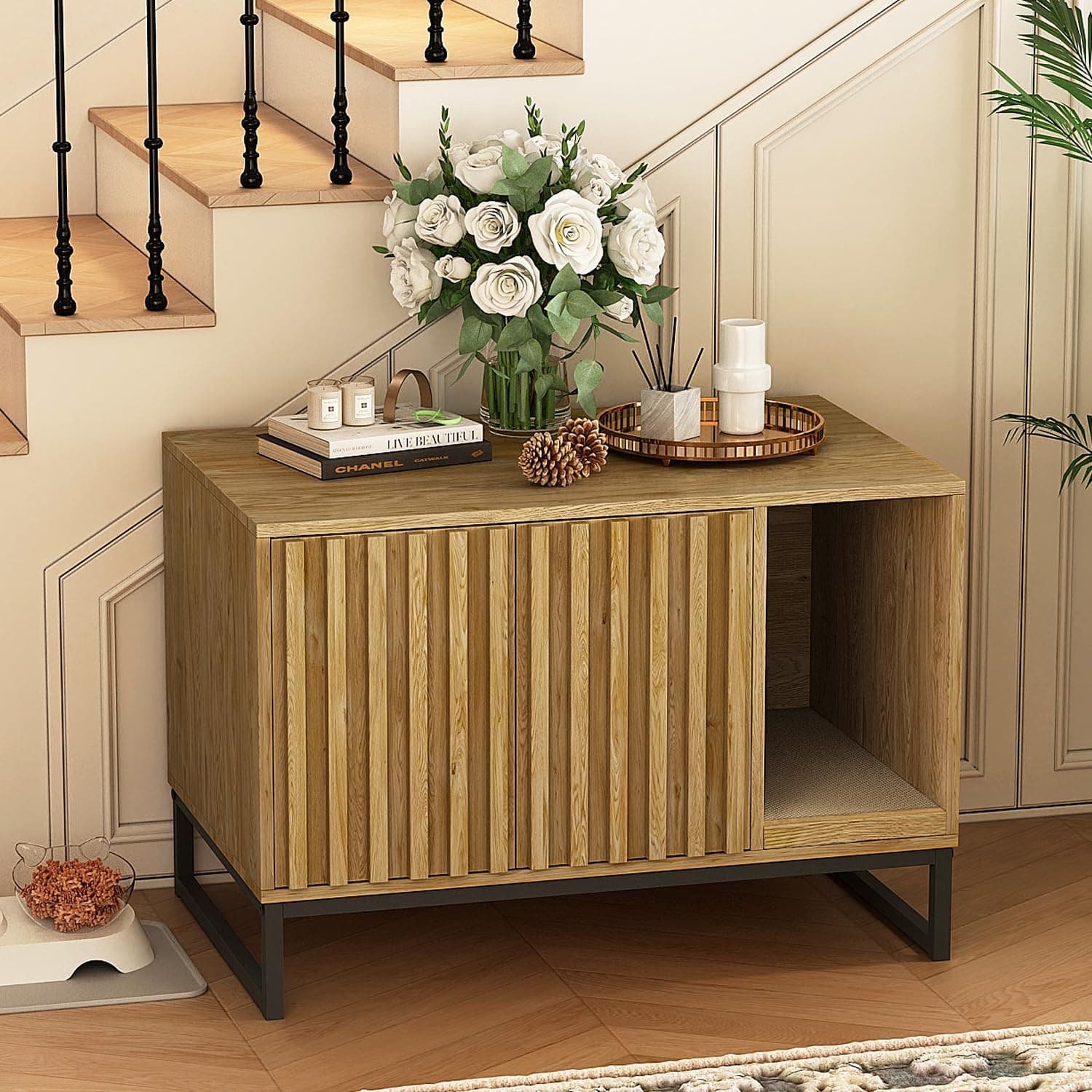 Modern Cat Litter Box Enclosure with Scratch Pad & Washroom (Natural)