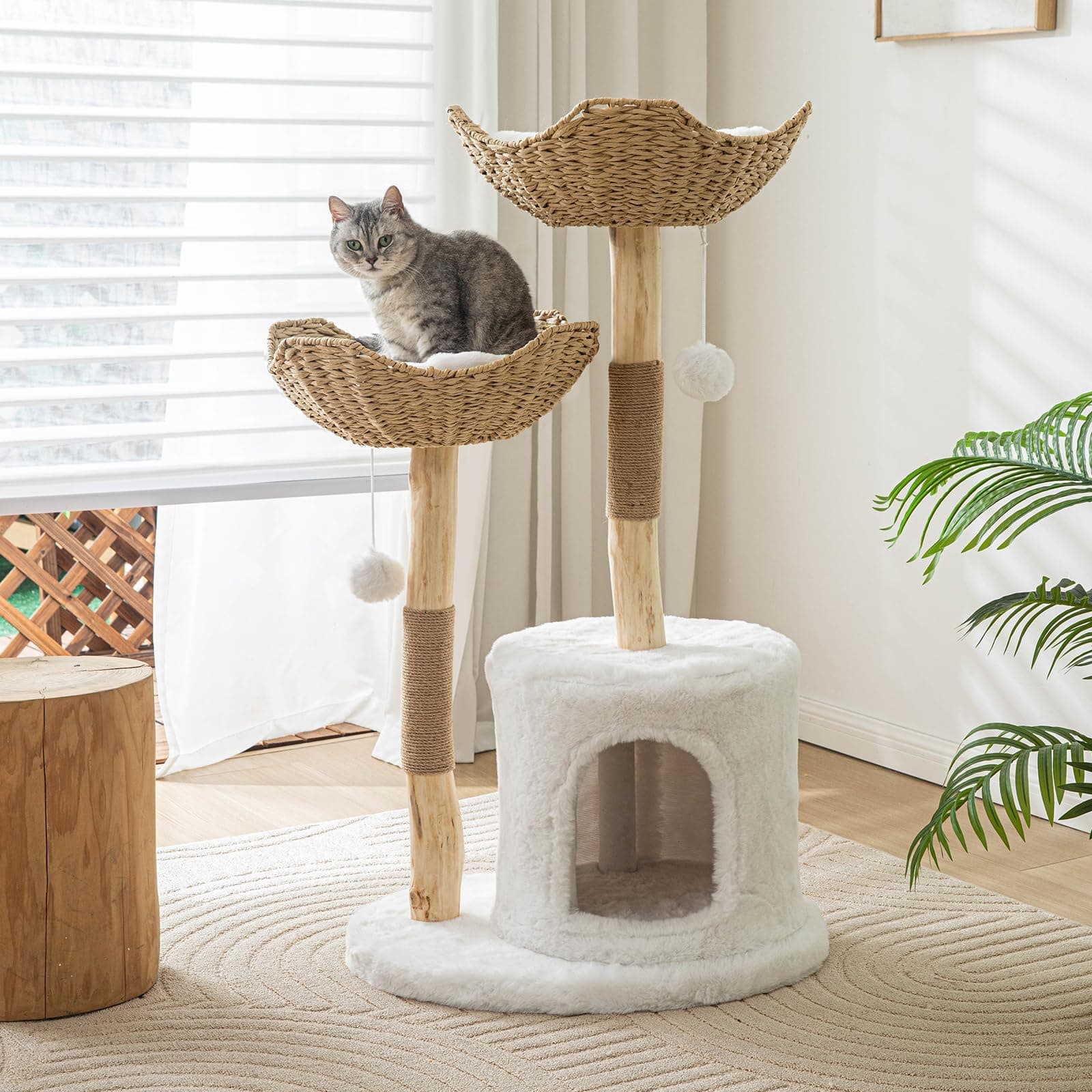 Tall Wooden Cat Tree for Large Cats 46" White with Scratcher.