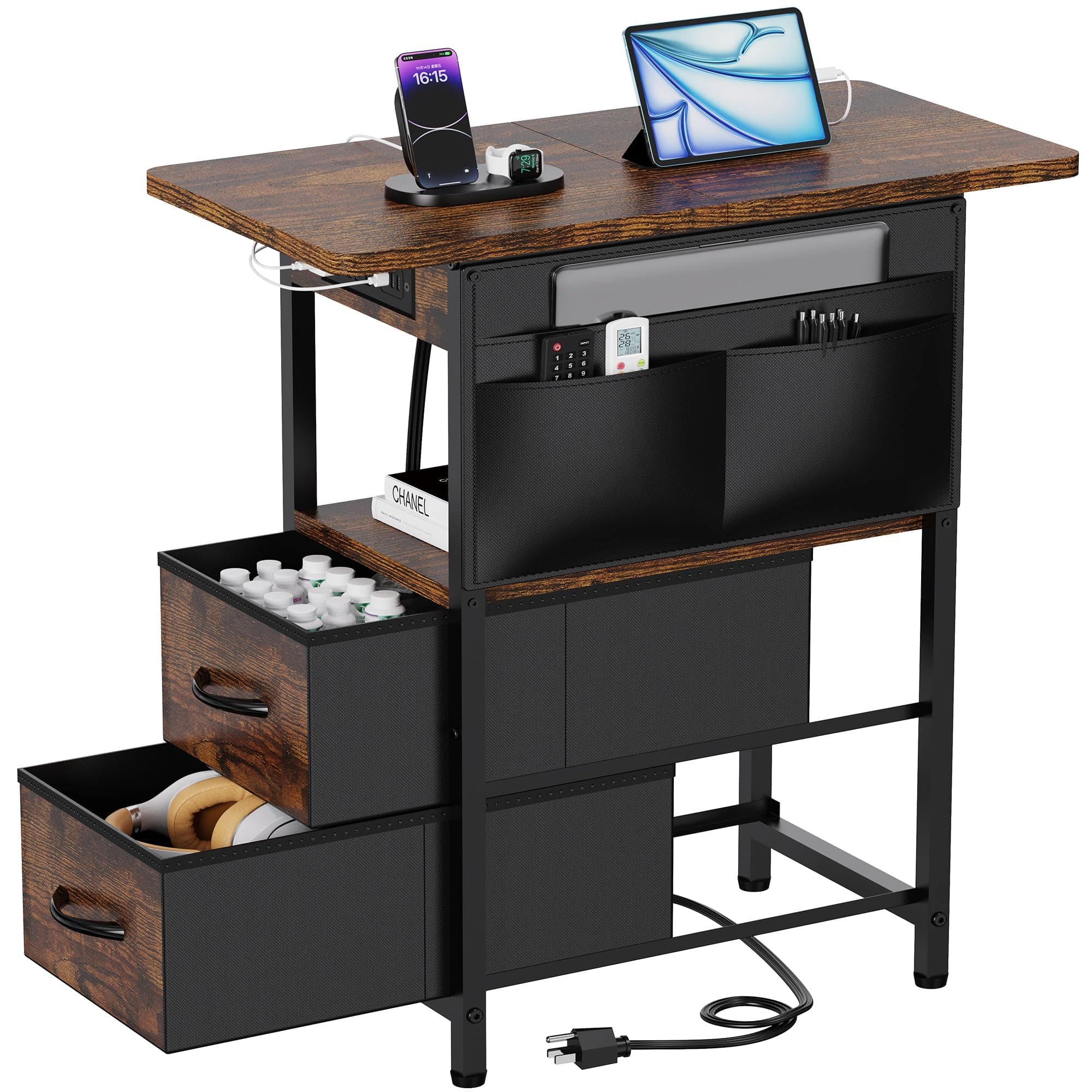 Narrow Side Table with Charging Station for Living Room and Bedroom