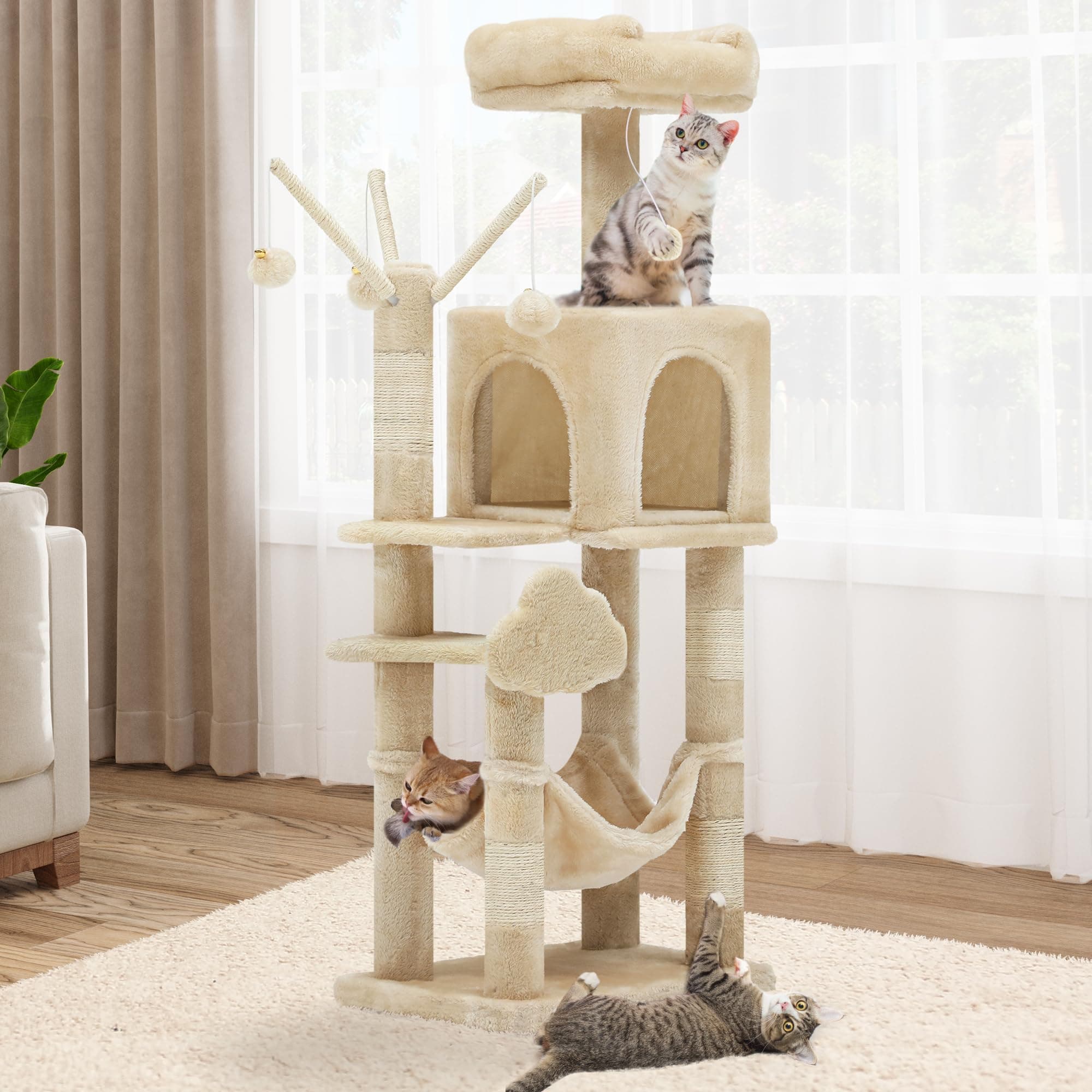 YITAHOME Beige 44in Multi-Level Indoor Cat Tree with Scratch Posts & Hammock