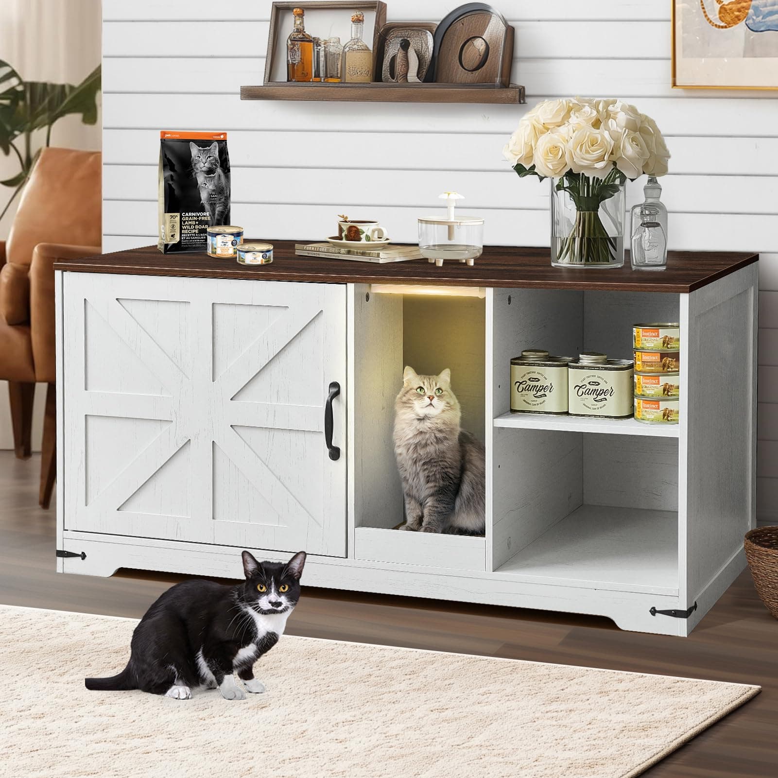Antique White Cat Litter Box Enclosure with Storage, Farmhouse Style