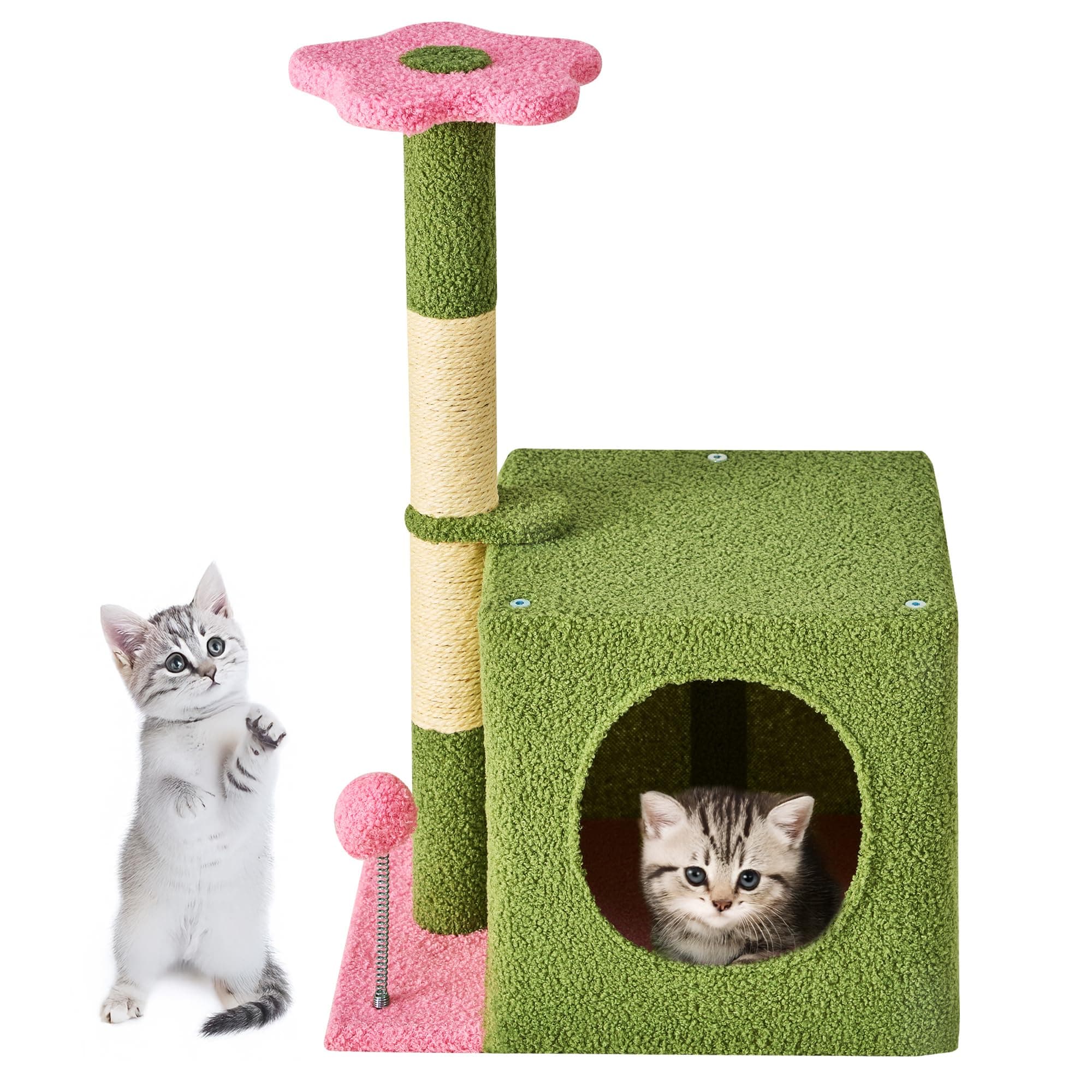 24 Inch Pink Floral Cat Tree with Condo, Scratching Post & Soft Ball