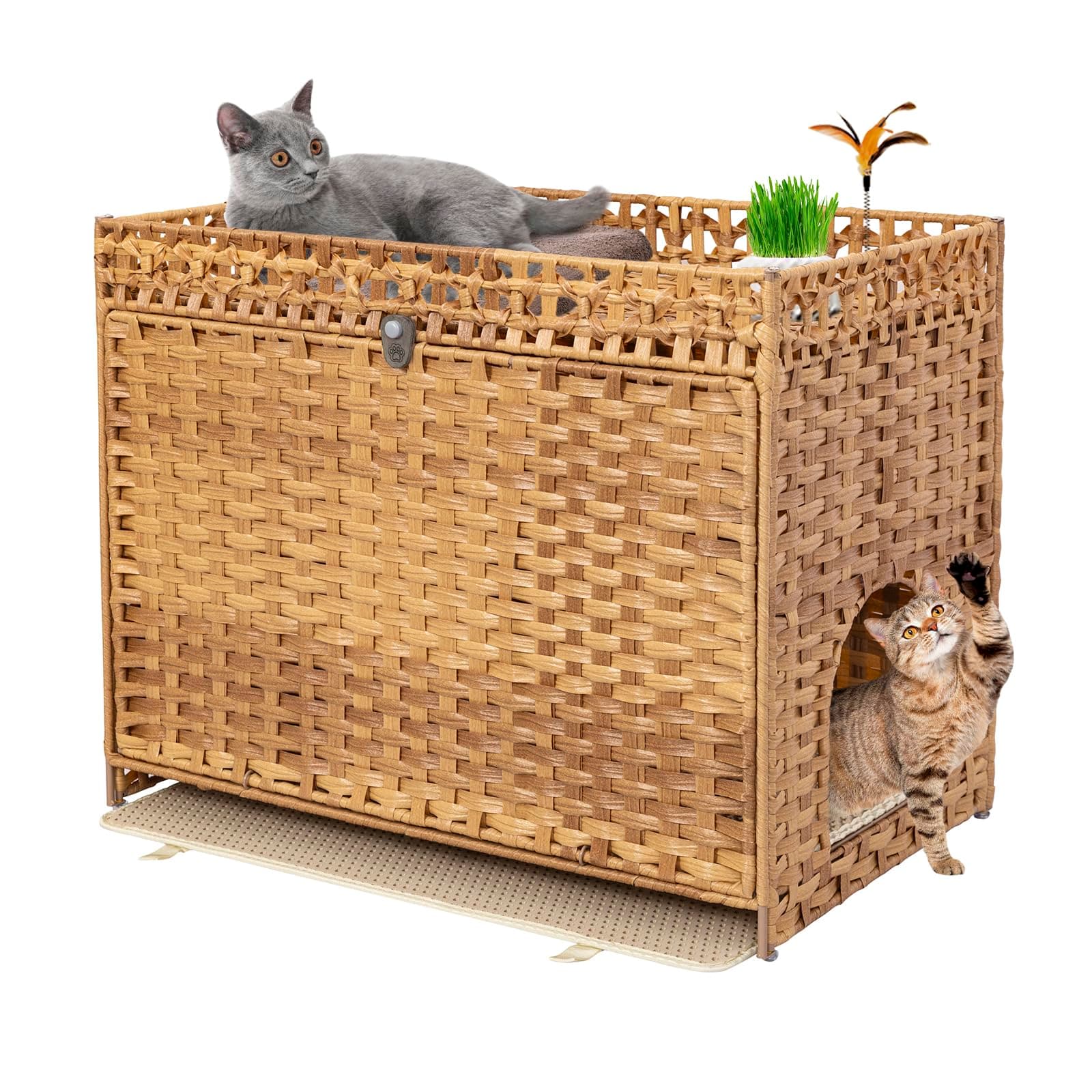 Handwoven Rattan Cat House with Door for Large Cats, Natural Enclosure Furniture