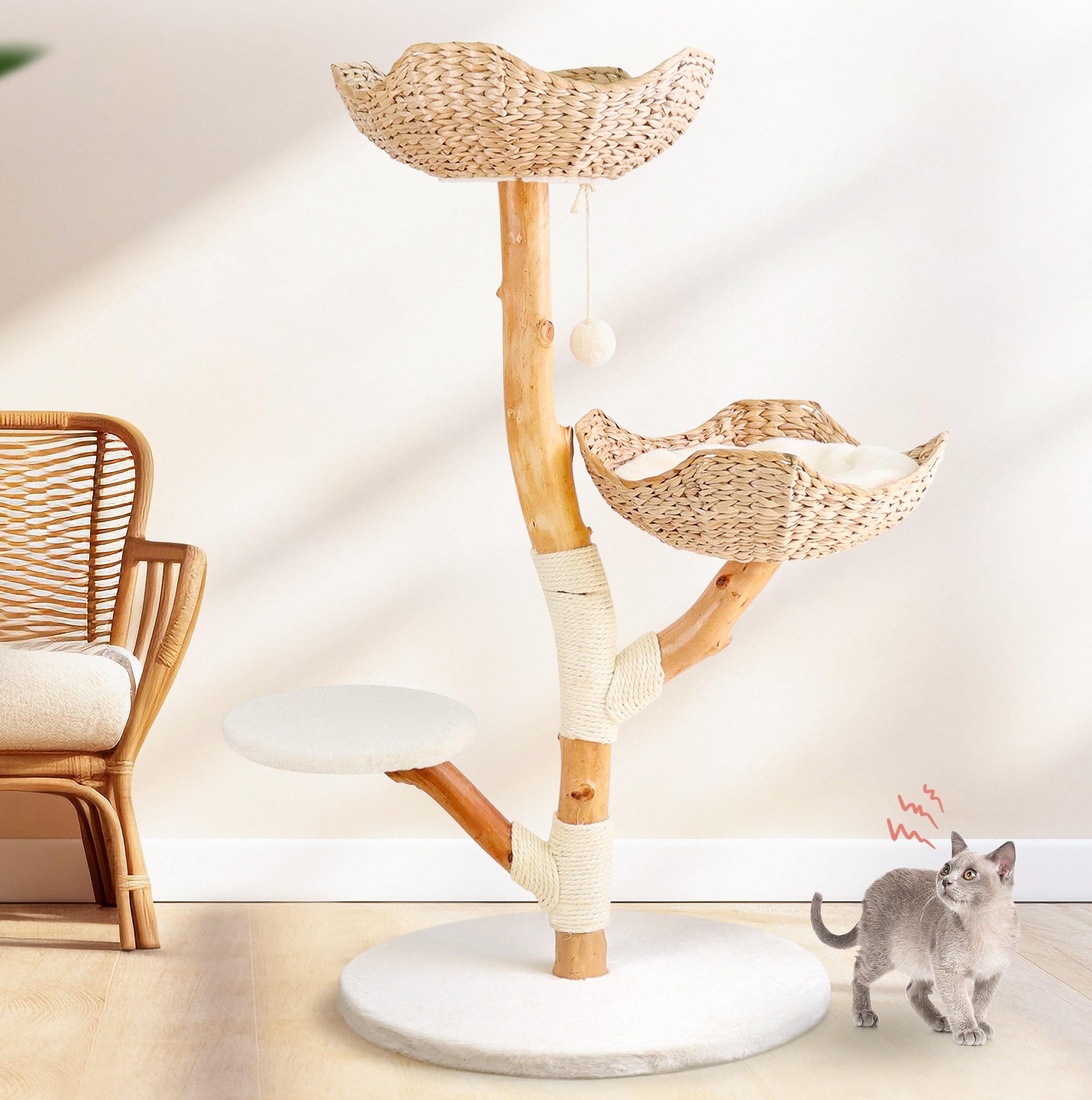 Solid Wood Modern Cat Tree Tower, Scratching Post & Bed for Large Cats