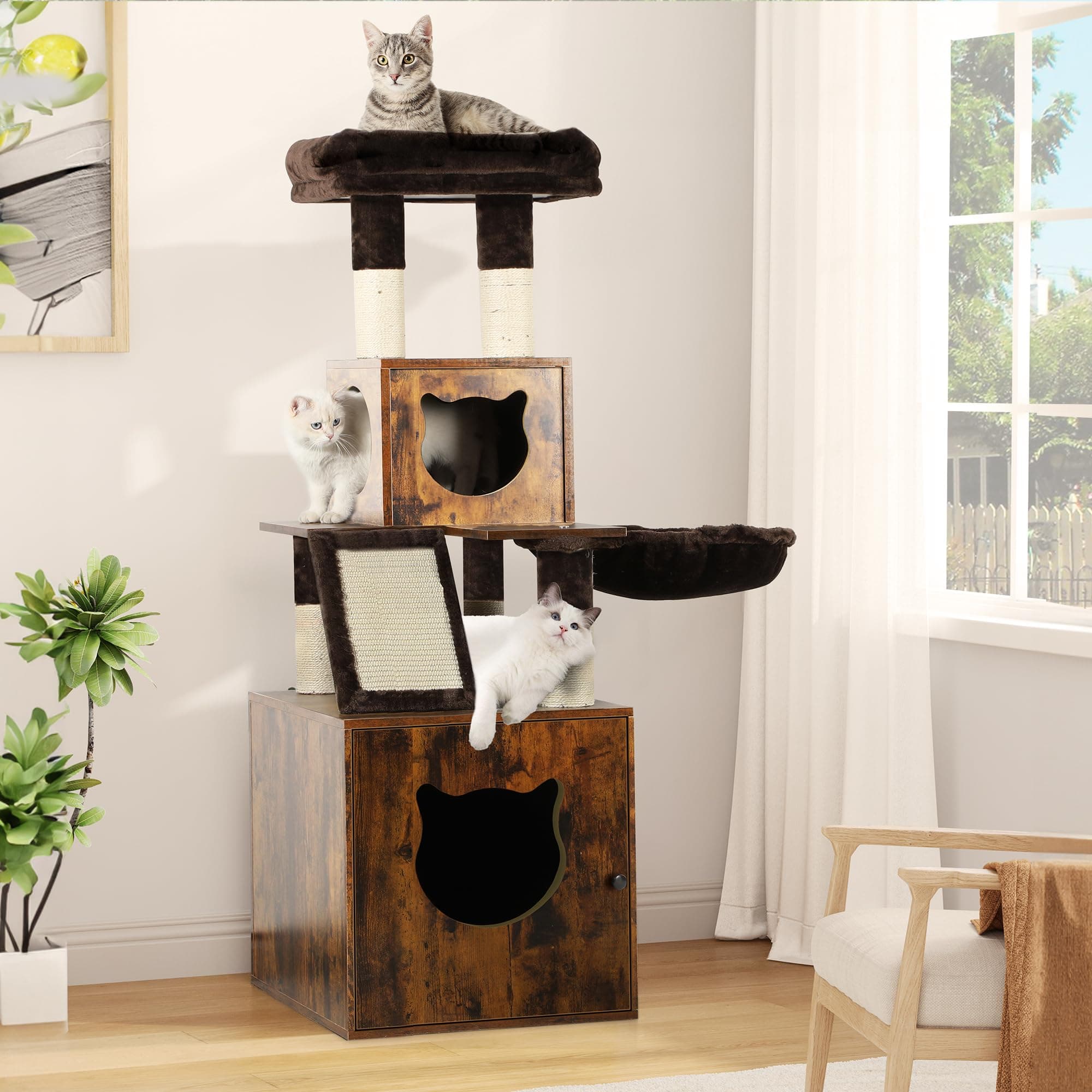 YITAHOME Cat Tree with Hidden Litter Box, Sisal Scratching Post & Wooden House
