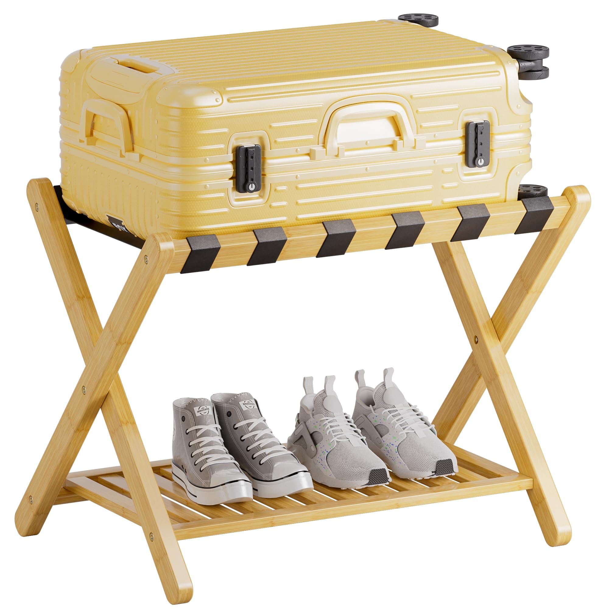 SMIBUY Natural Foldable Bamboo Luggage Rack with Storage Shelf