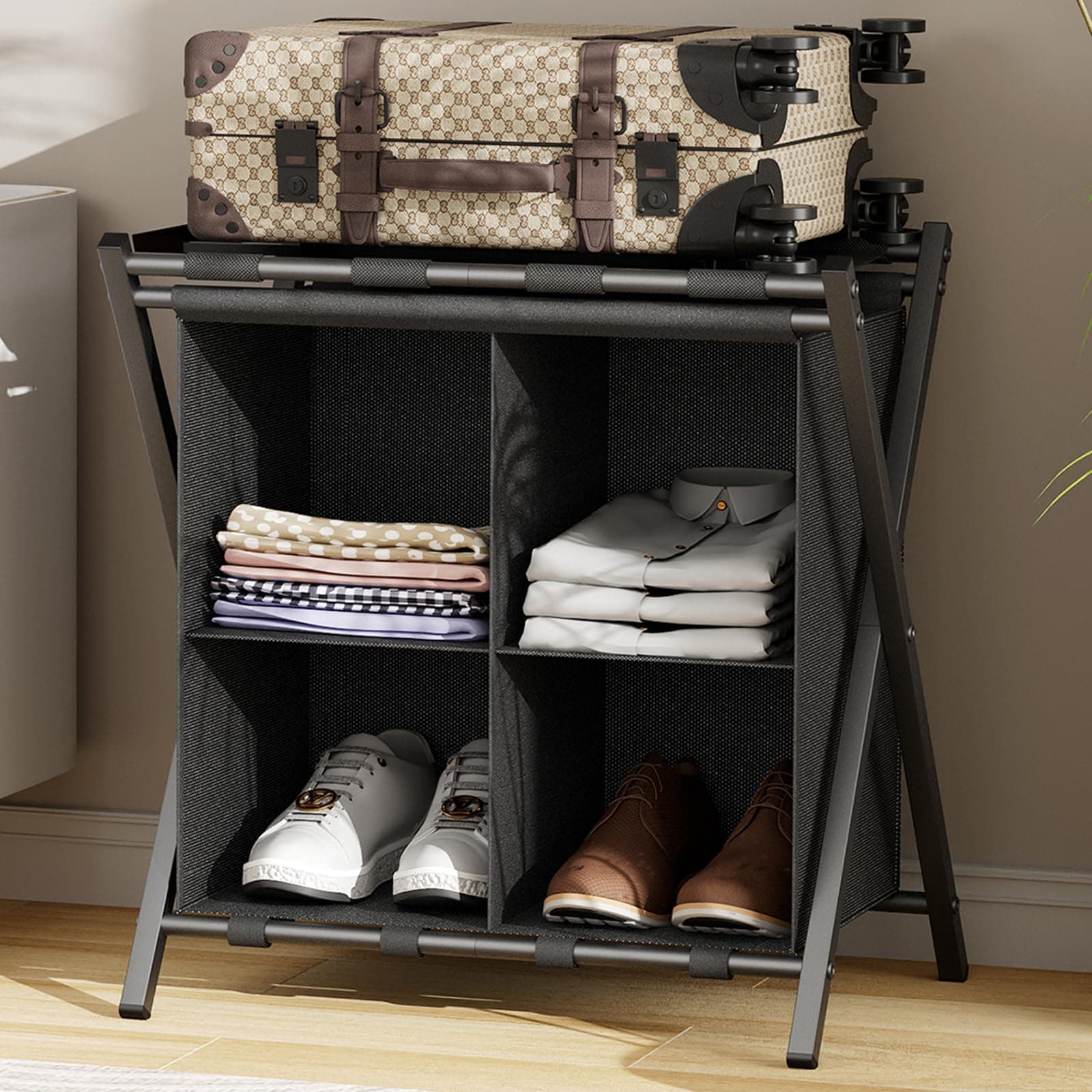Black Folding Suitcase Stand with Storage Shelf for Guest Rooms