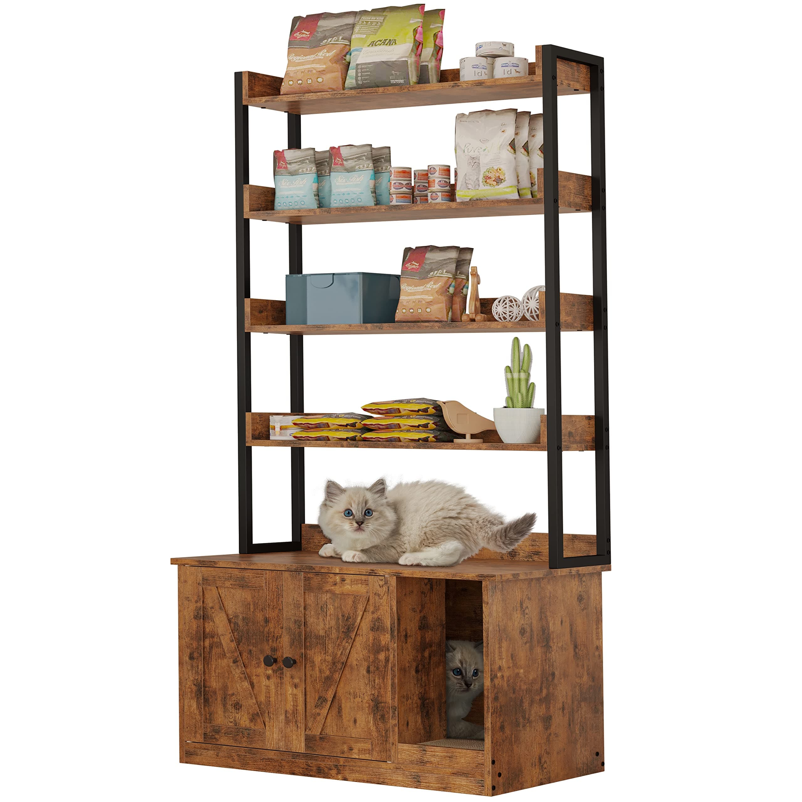 IRONCK Large Wood Cat Litter Box with 4 Shelves & Doors, Hidden Storage, Vintage Brown