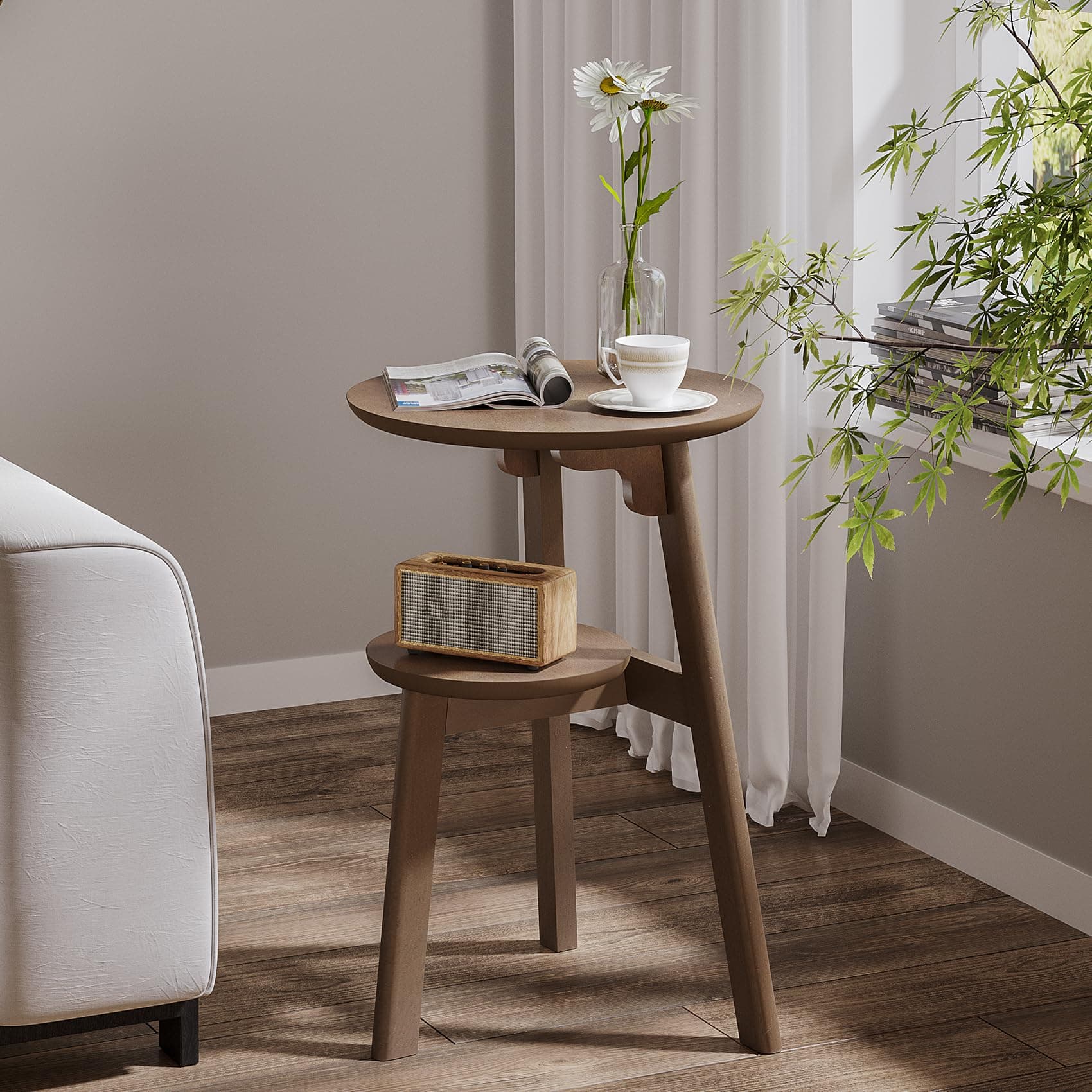 ChooChoo Round End Table with 2 Tier Shelf for Small Spaces, Walnut