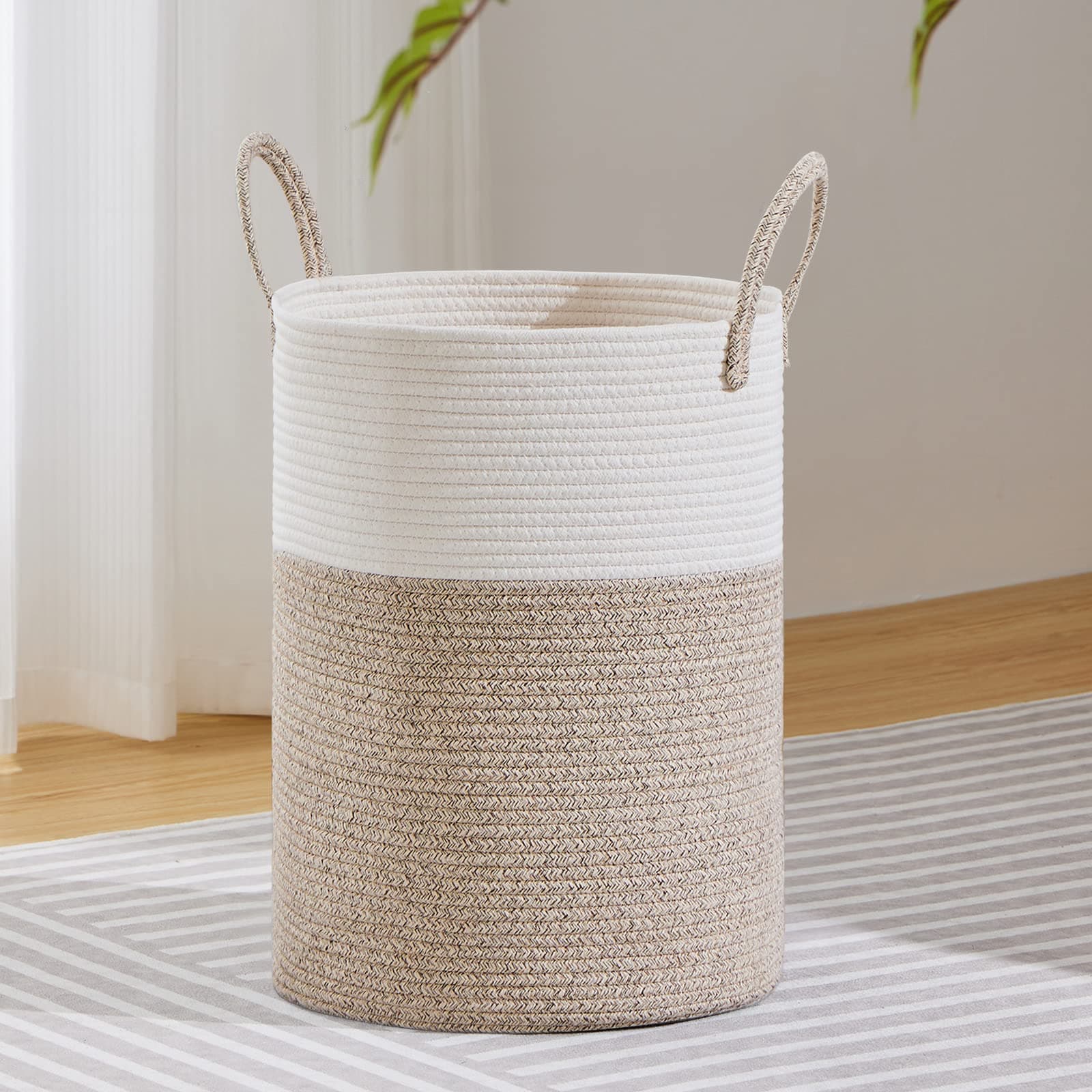 Vippo Large Woven Laundry Basket - White & Brown, 58L