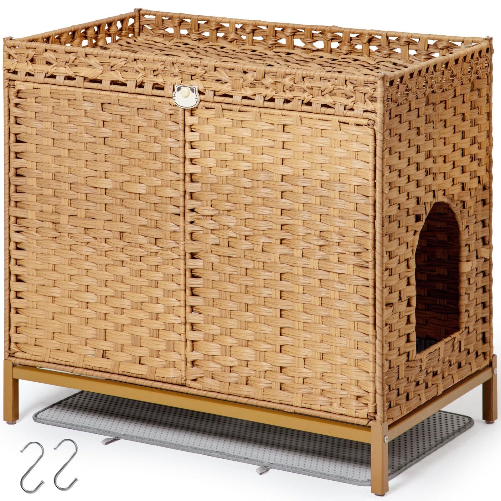 Hidden Handwoven Rattan Cat Litter Box Enclosure, Large Metal Feet, 30.3 x 18.3 x 28 Inches, Indoor