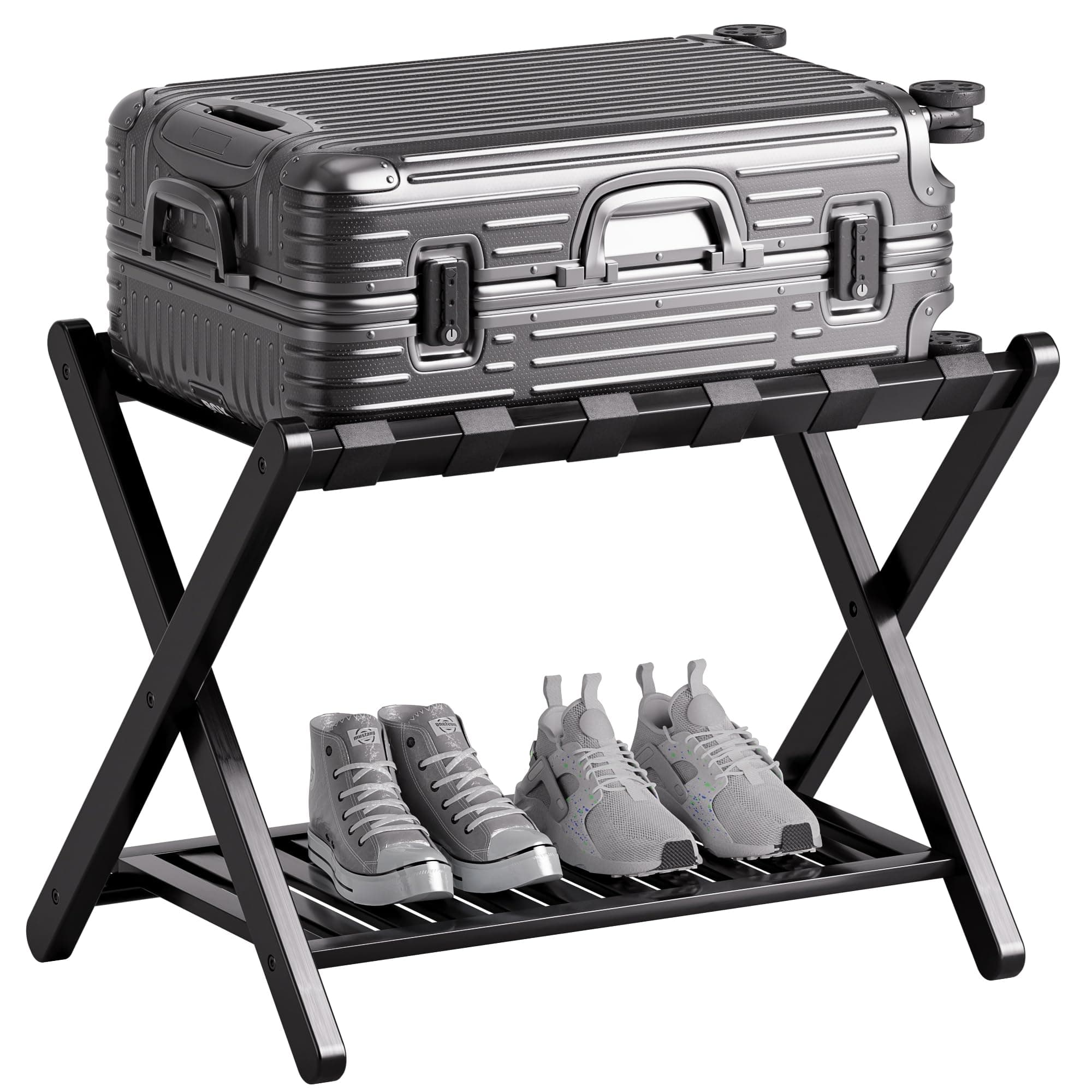 SMIBUY Bamboo Suitcase Stand with Storage, Black (1 Pack)