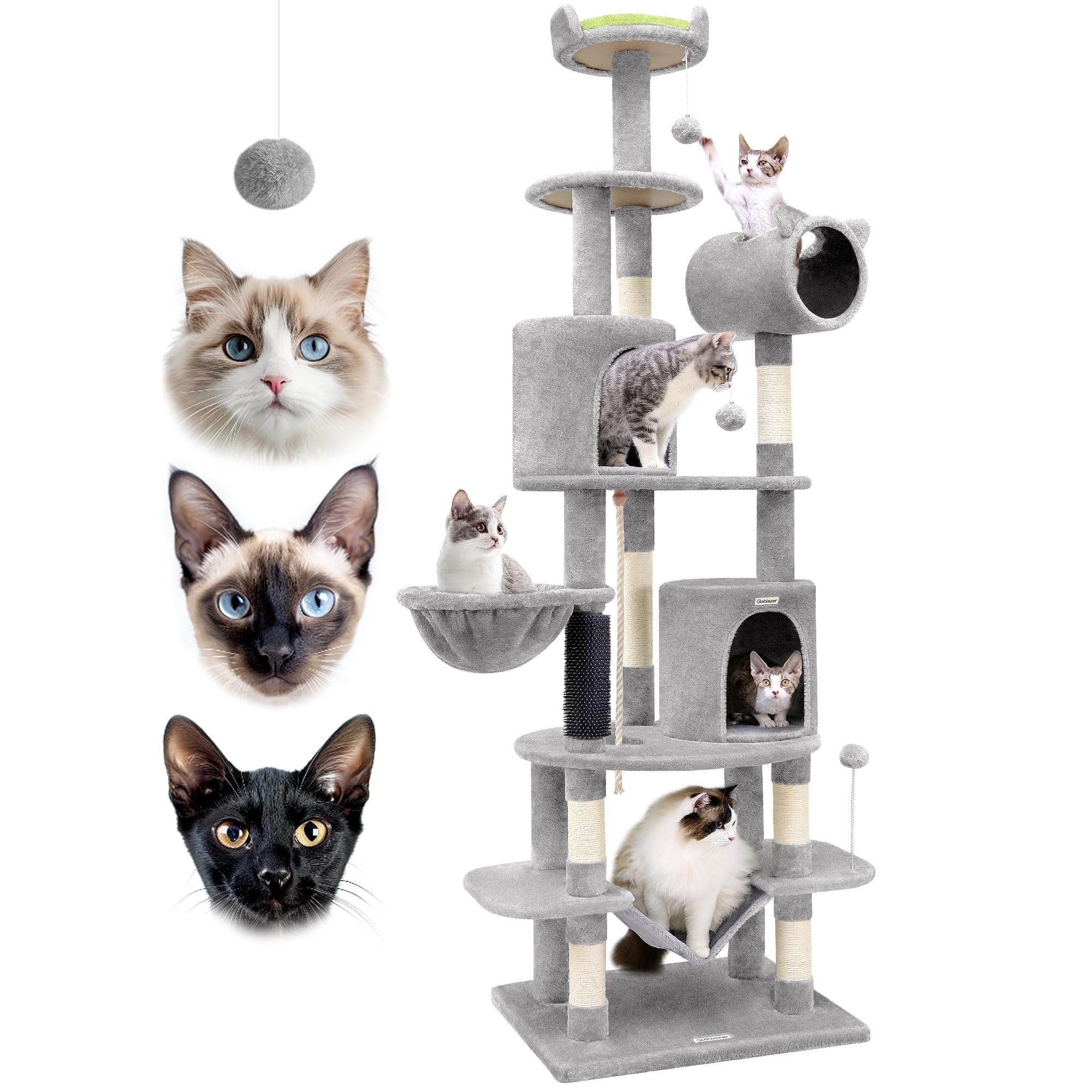 Tall Cat Tower 81-inch, Curved Series Cat Condos with Scratching Post, Hammock, Tunnel