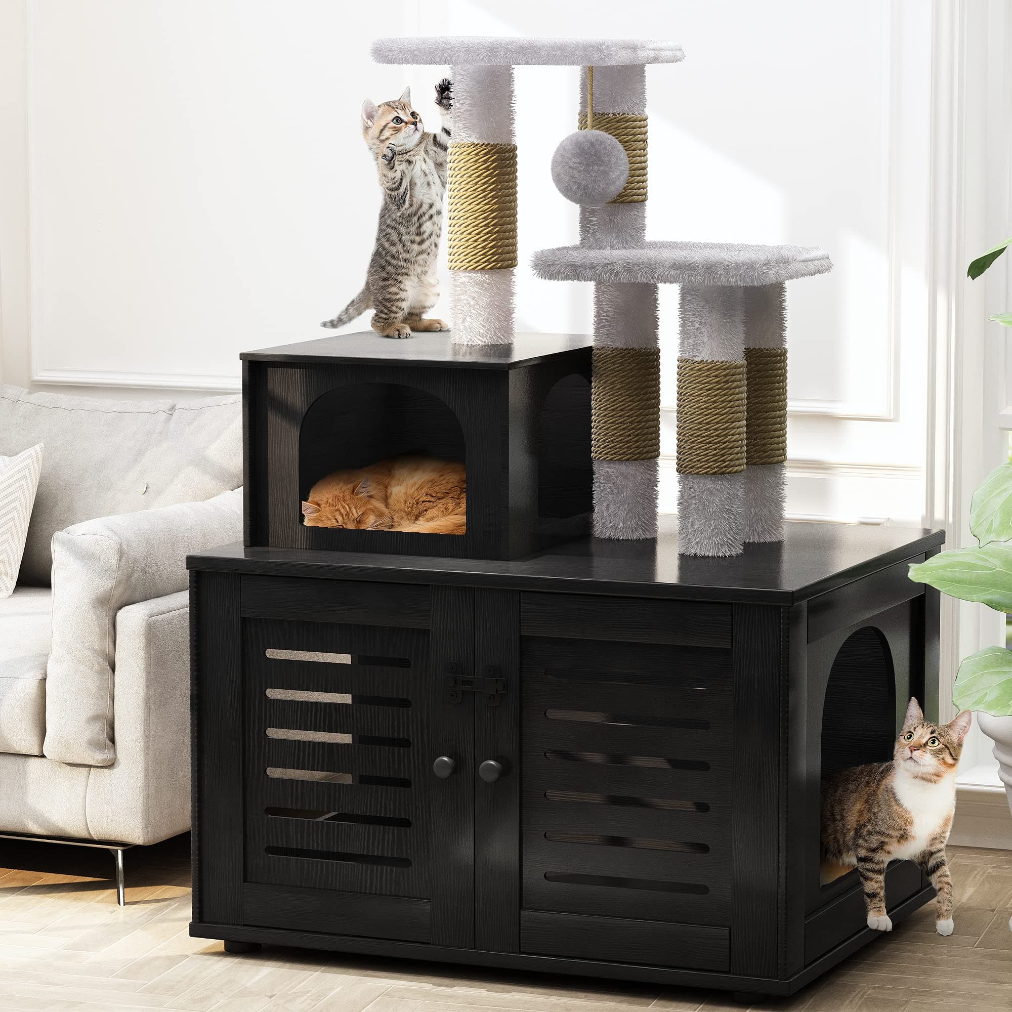 Recaceik Cat Litter Box with Tree, Hidden Washroom & Scratching Post, Black