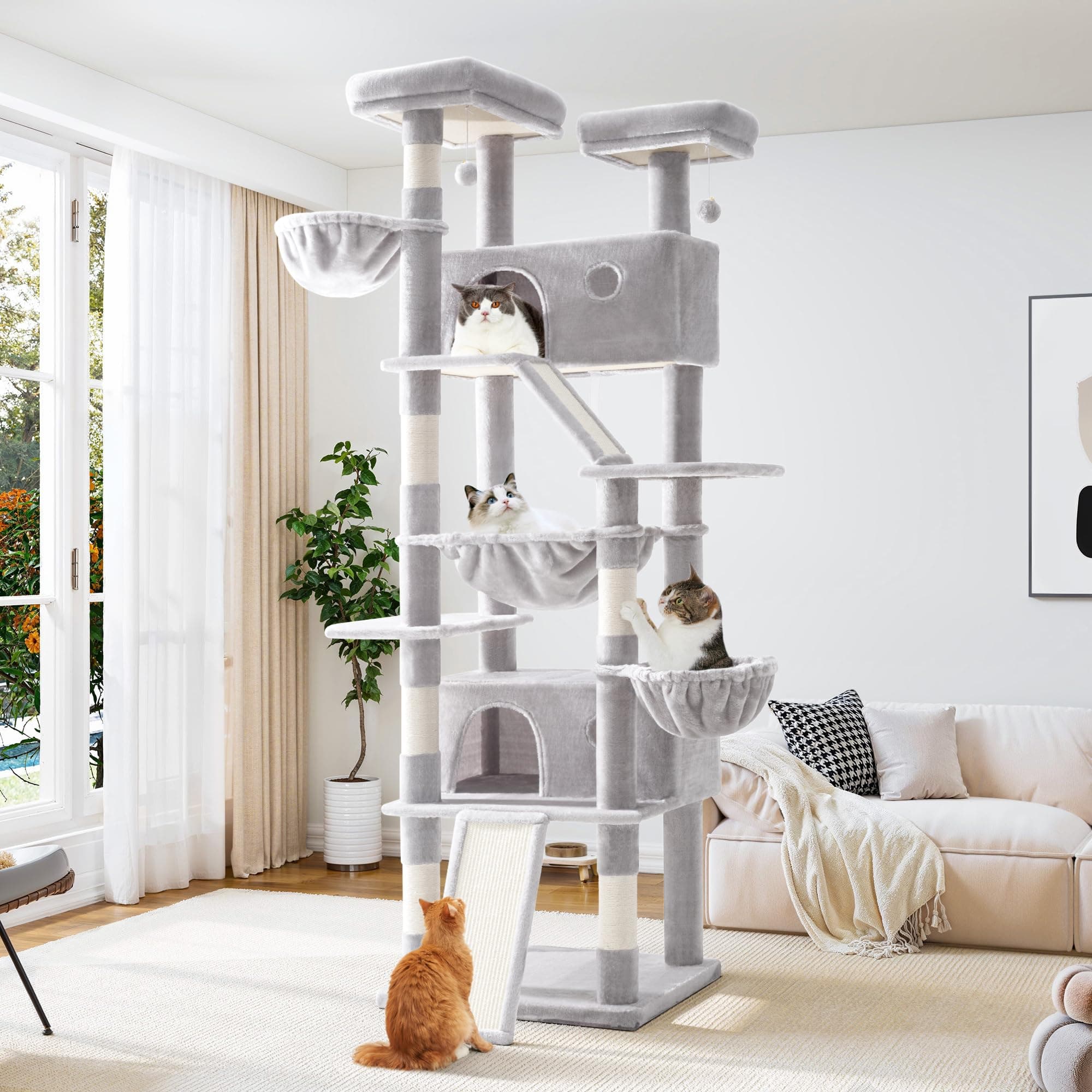 Allewie 81" Tall Multi-Level Cat Tree with Condo, Hammock & Scratching Post, Grey