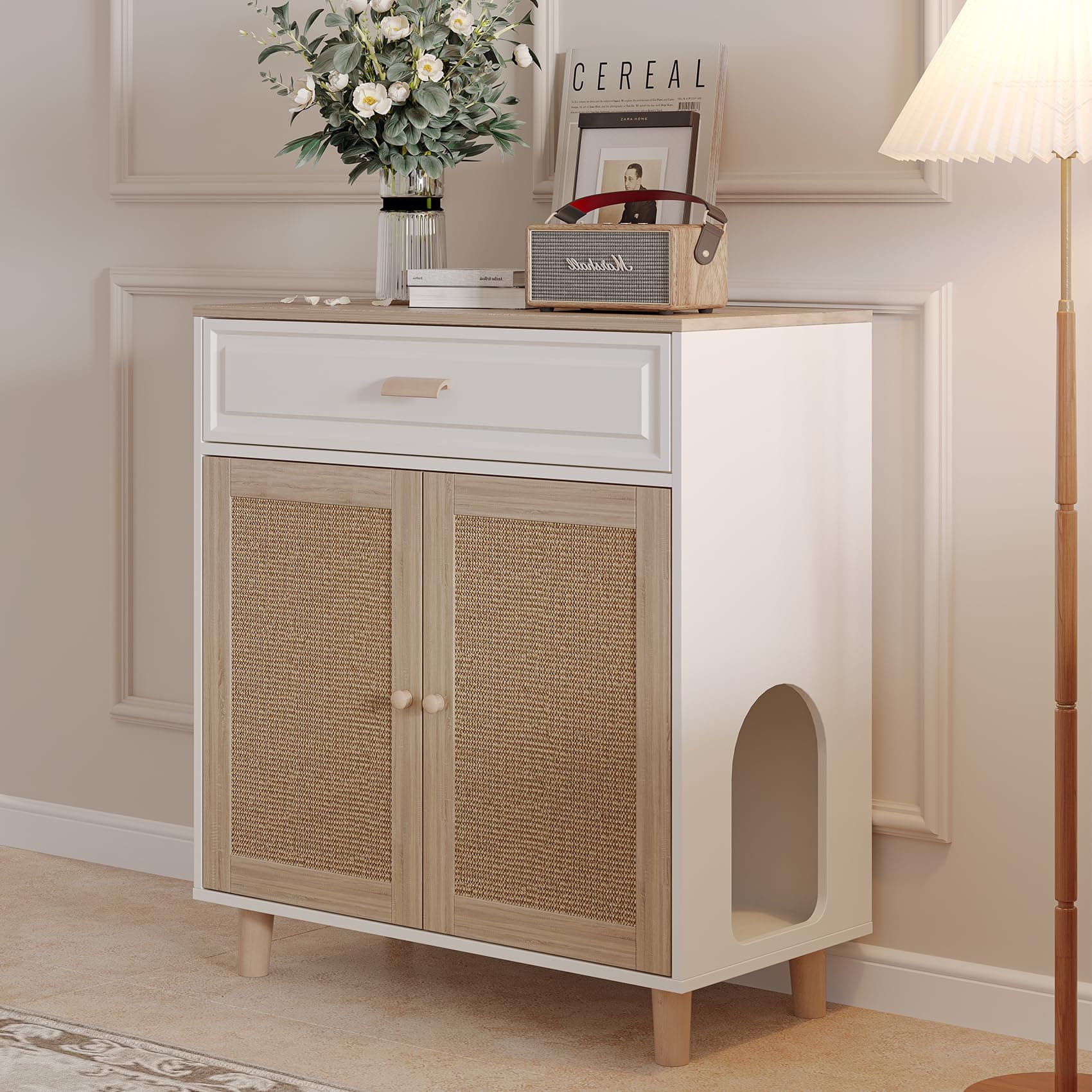 Hidden Cat House & Washroom Cabinet with Scratching Board & Drawer