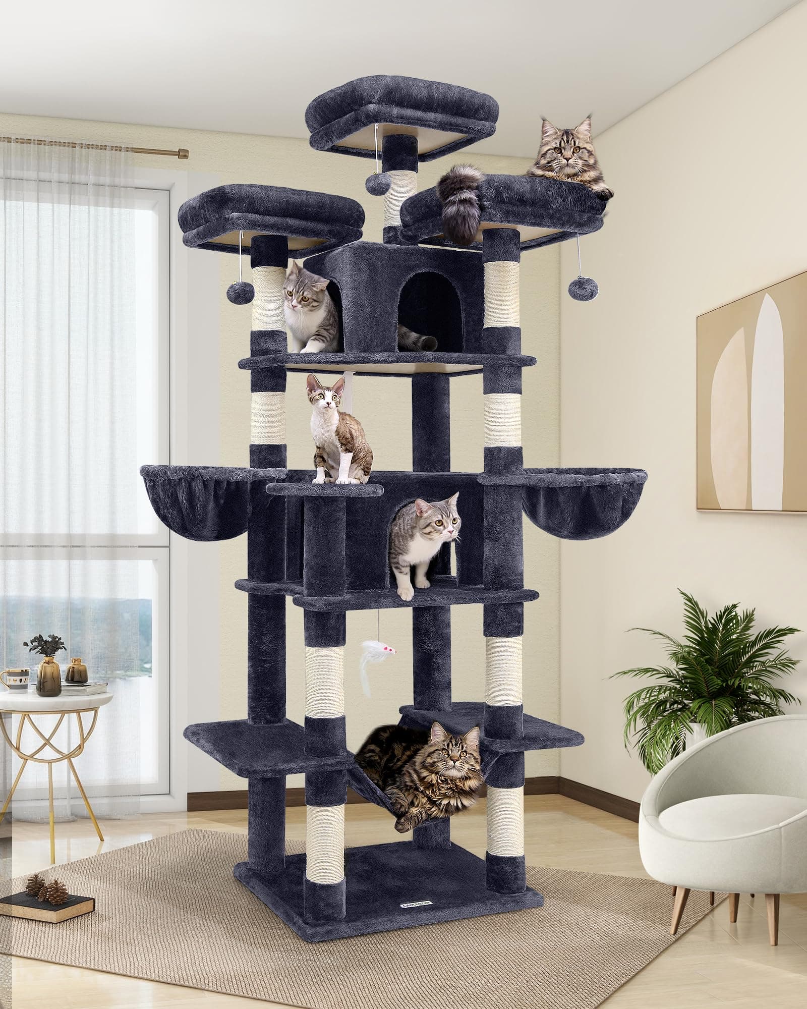 XXL F80 Indoor Cat Tower with Hammock, Scratching Post & 3 Perches Dark Grey
