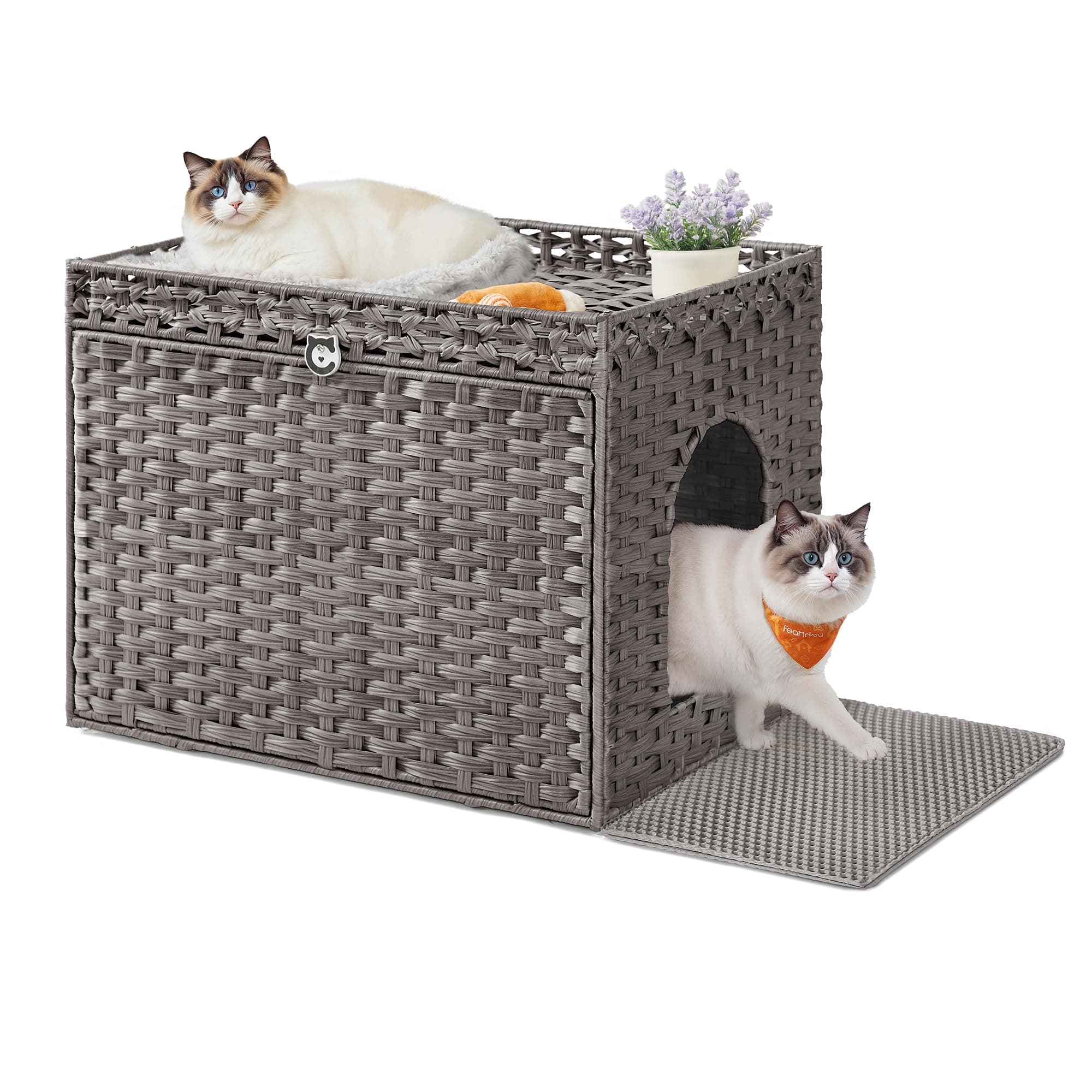 Feandrea Dove Gray Handwoven Rattan Cat Litter Box Enclosure UPCL014G01
