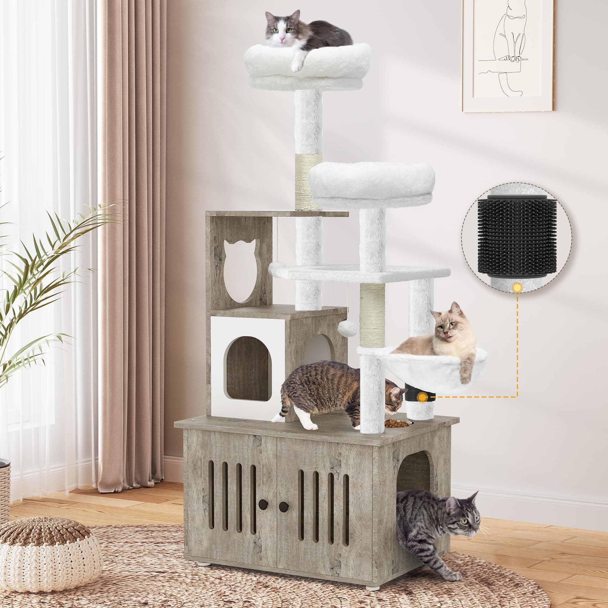 YITAHOME 2-in-1 Cat Tree and Litter Box Enclosure - Modern Indoor Cat Tower with Wood House, Perch, and Hammocks, 59 Inch, Gray