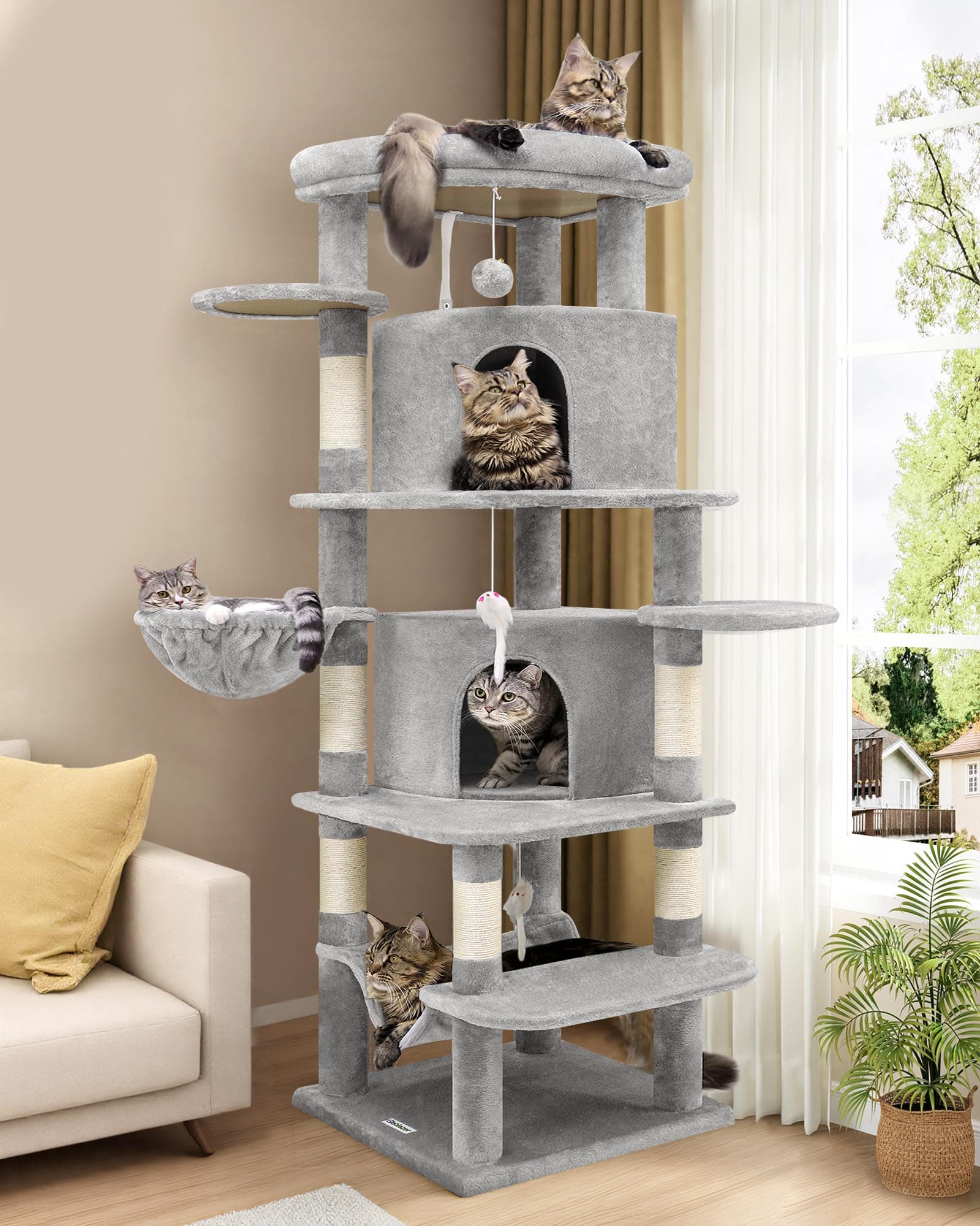66-inch Tall Curved C66 Cat Tree for Large Cats with 6 Scratching Posts & 2 Condos