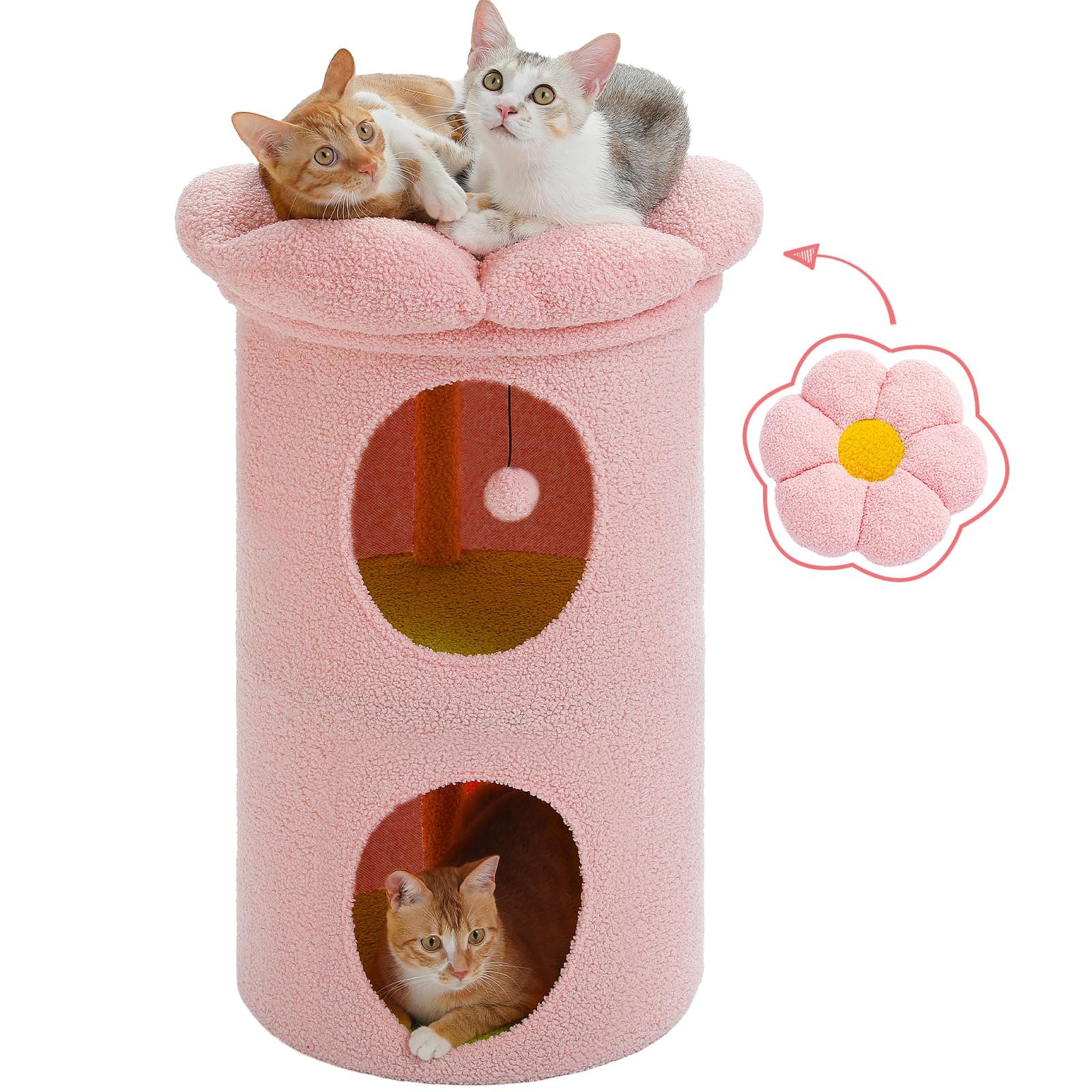 Petepela 2-Level Cat Bed, Pink: Tree House & Flower Bed, Large Cats