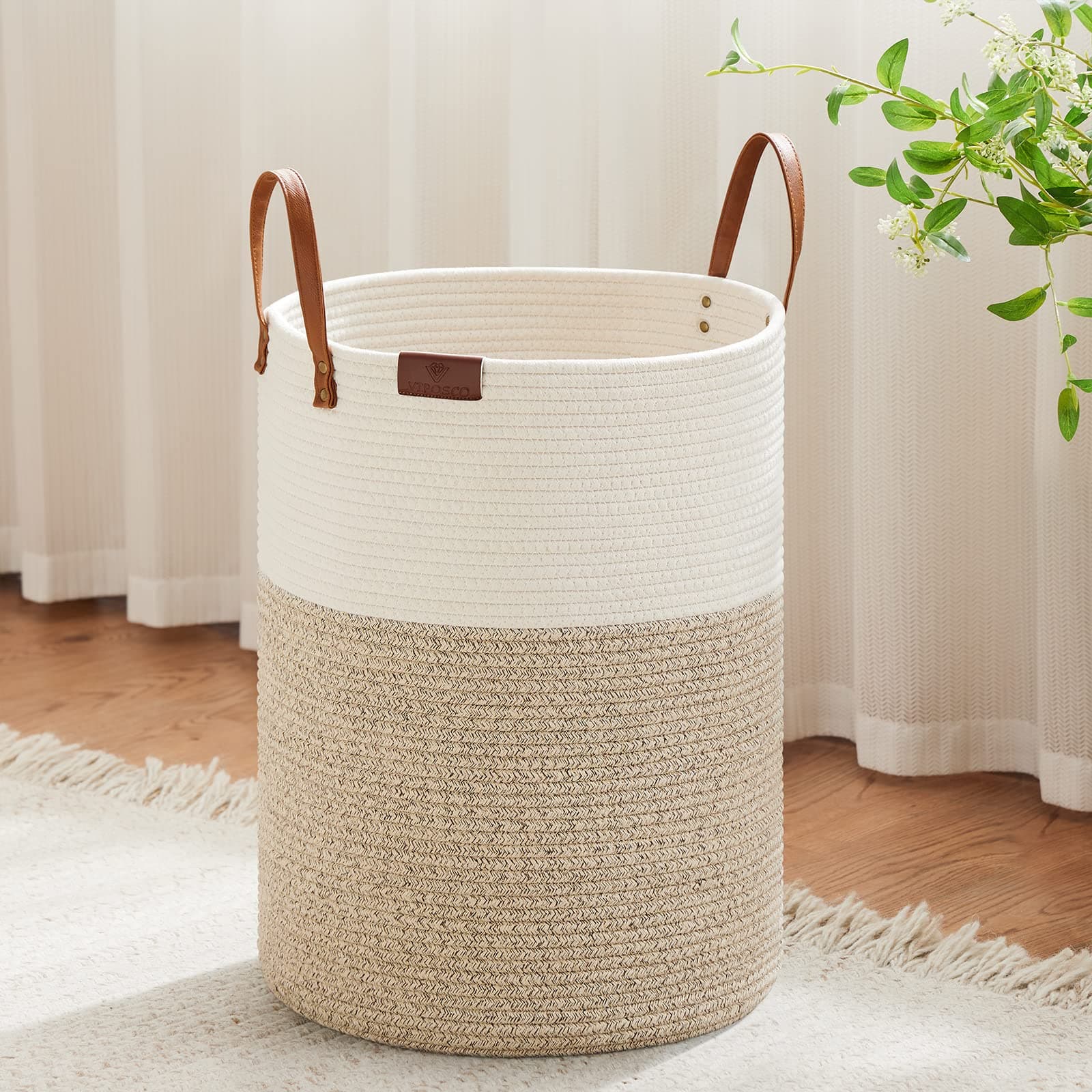 VipoSCO Large White & Brown Woven Laundry Basket for Living Room
