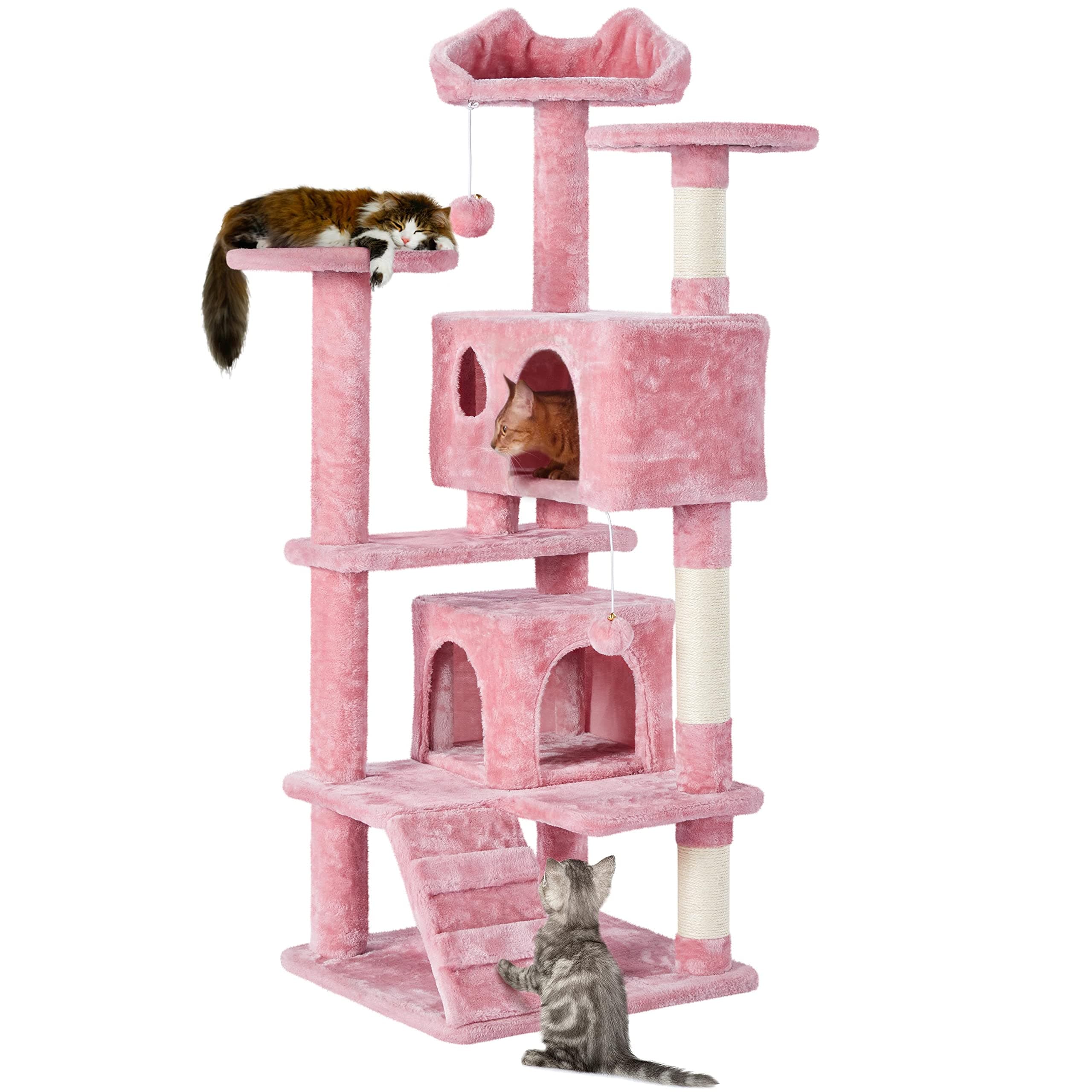 54in Multi-Level Cat Tree Tower for Indoor Cats with Scratching Posts and Dangling Balls, Pink