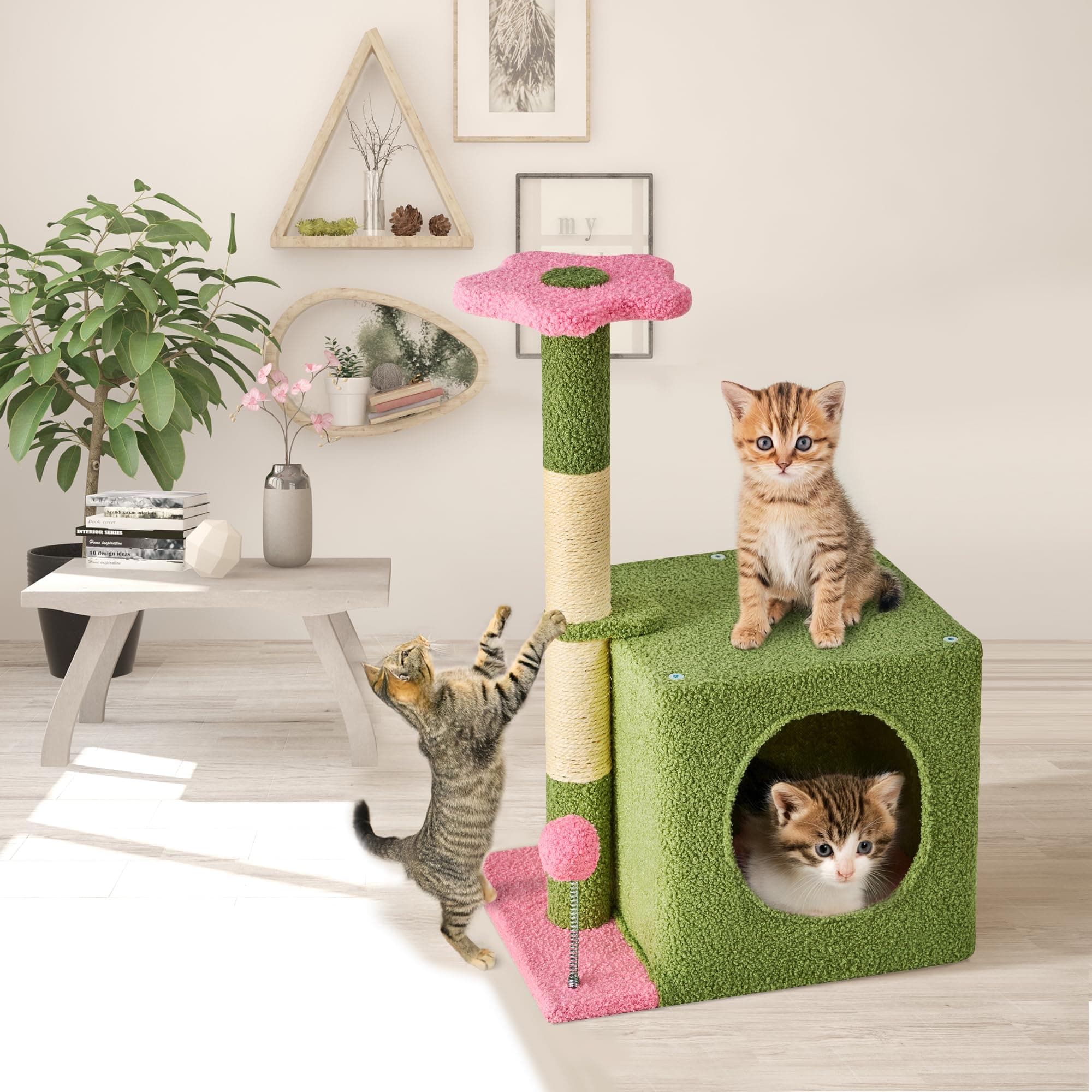 24 Inch Pink Floral Cat Tree for Indoor Cats