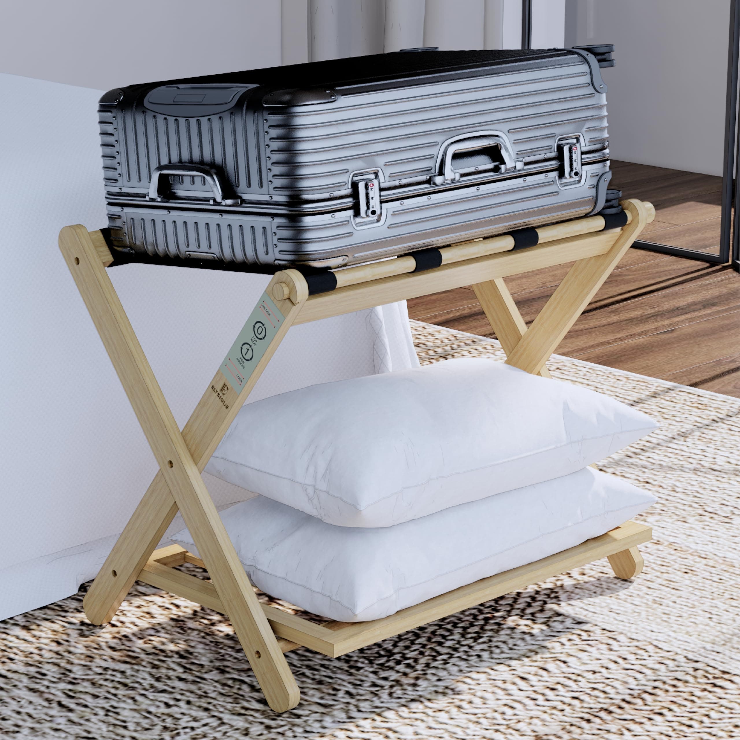 Premium Adjustable Height Luggage Rack – Durable Bamboo Stand, Holds 100 lbs, No Assembly Required