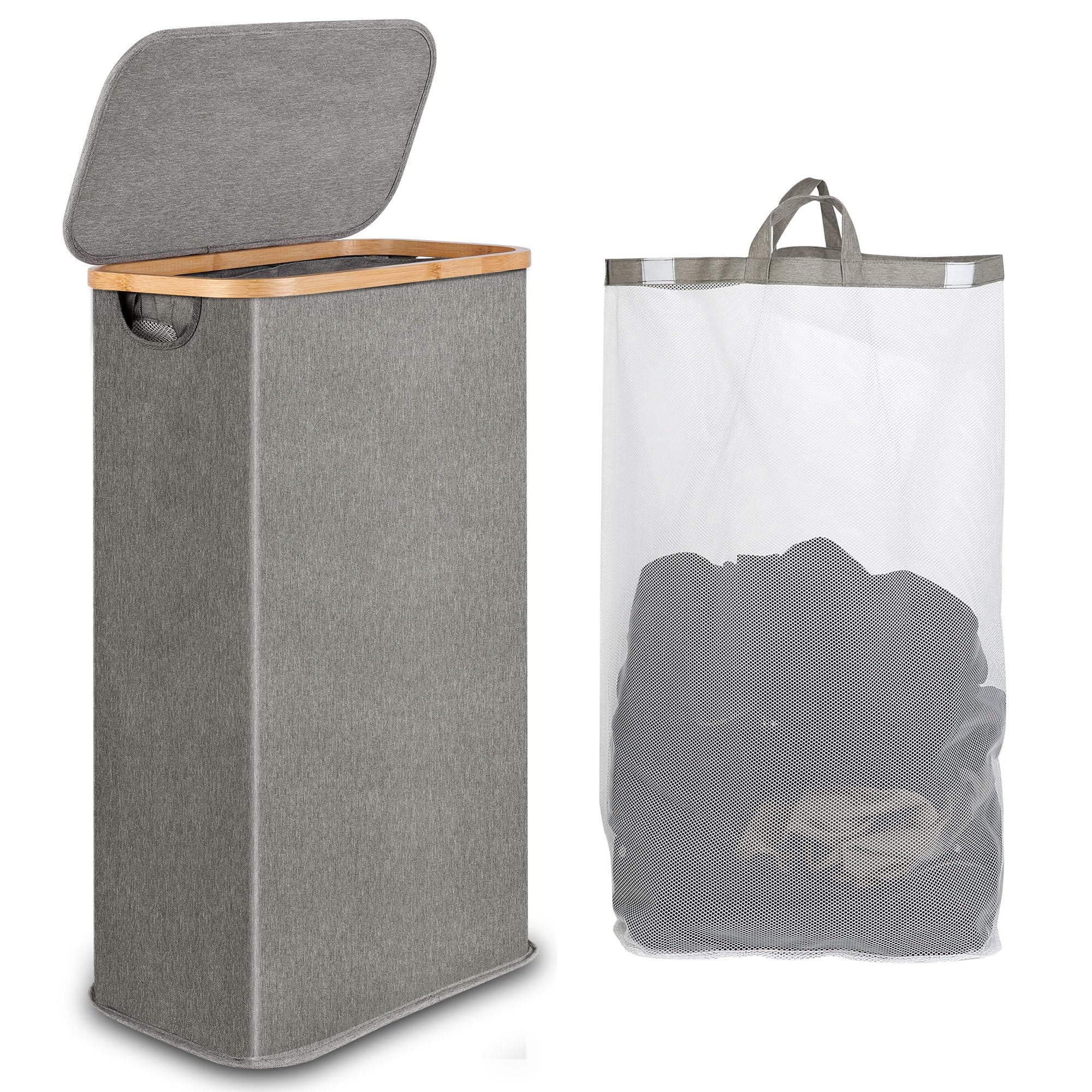 Narrow Laundry Basket with Lid, 60L Grey, Foldable Bamboo Handles, Slim Laundry Hamper