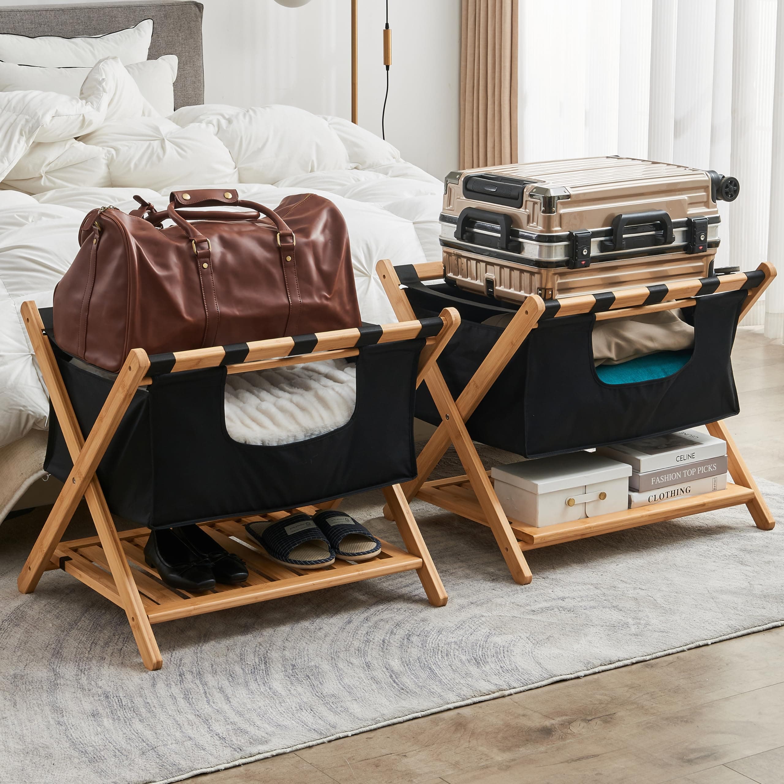 Bamboo Folding Luggage Racks for Guest Room with Laundry Bag and Shoe Rack (Set of 2)