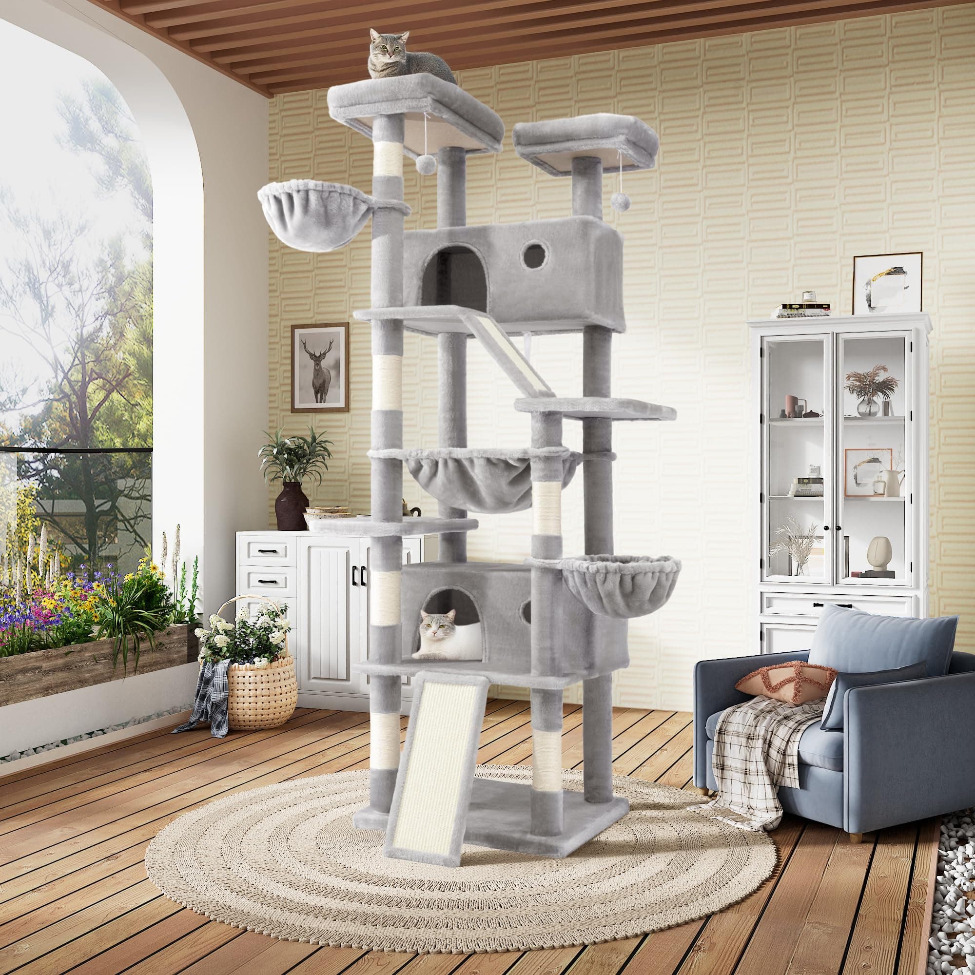 SHA CERLIN 81in Multi-Level Cat Tree Tower with Hammock & Sisal Posts, Grey
