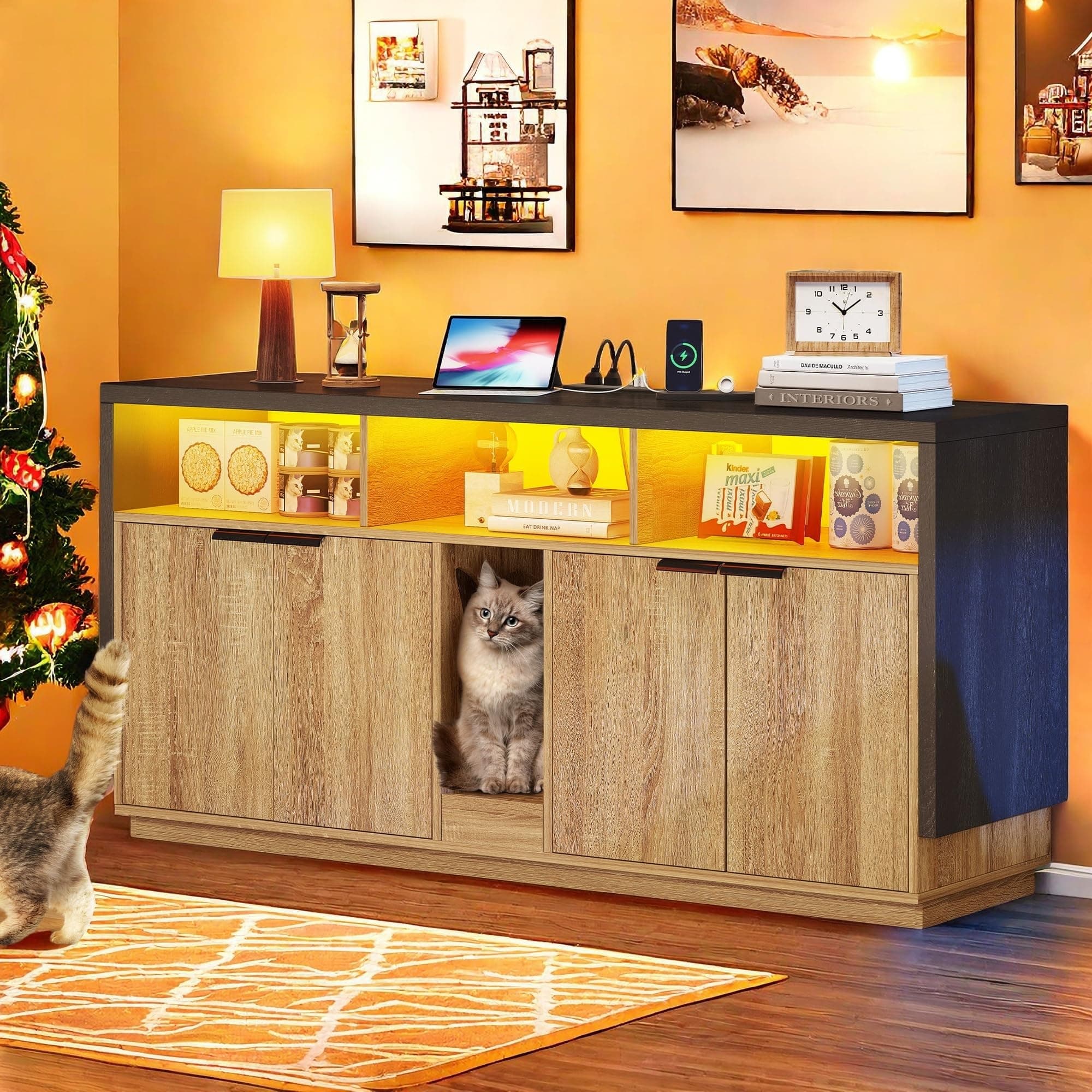YITAHOME Double Hidden Cat Litter Box for 2 Cats, Gray Oak Enclosure with Outlet & Light