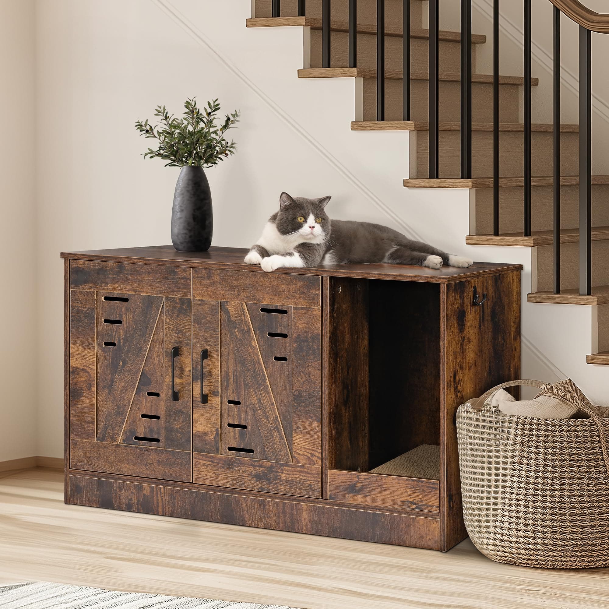 Hidden Cat Litter Box with Vent & Scratch Pad, Rustic Brown, Odor Control, Easy Clean