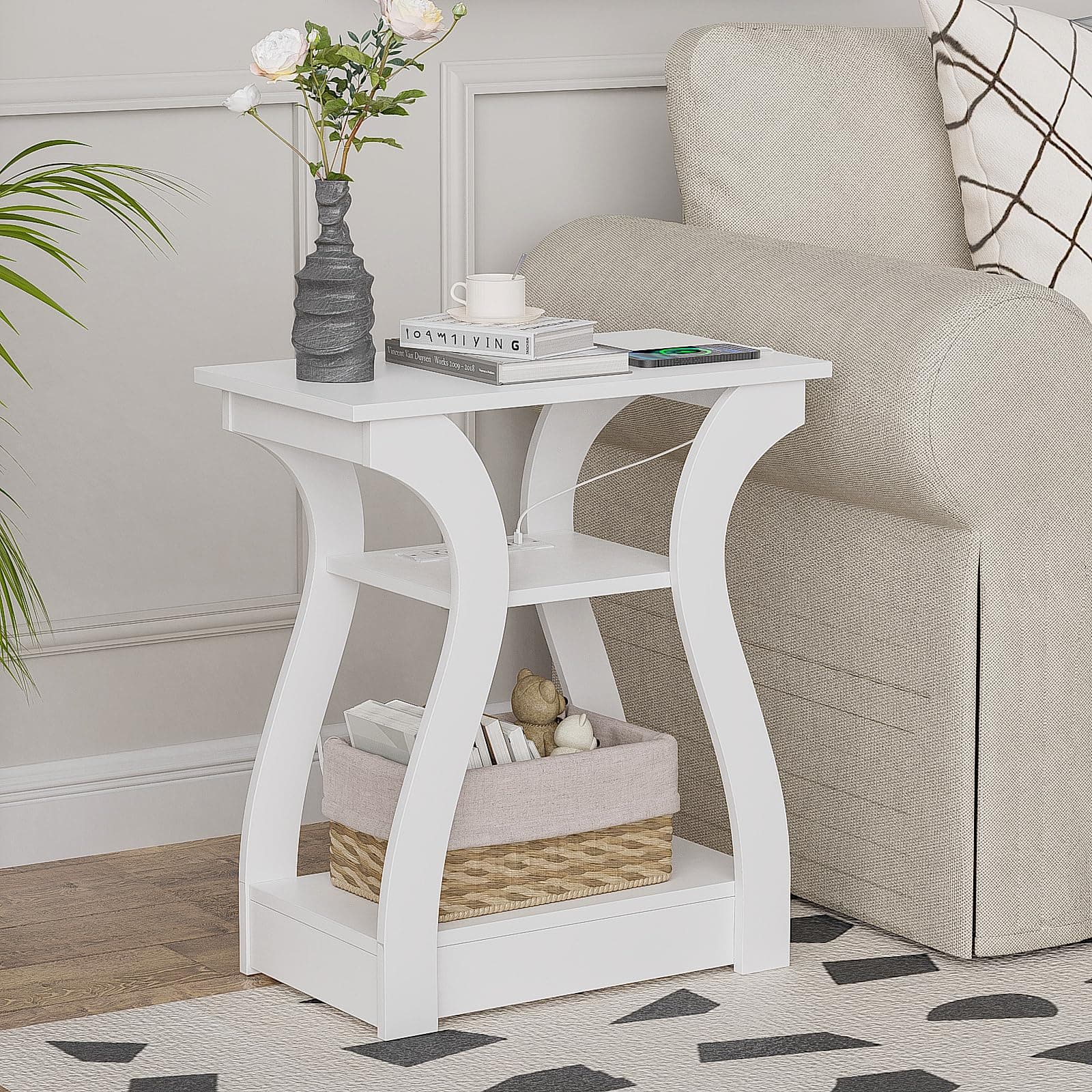 White End Table with Charging Station for Living Room and Bedroom Storage Shelf