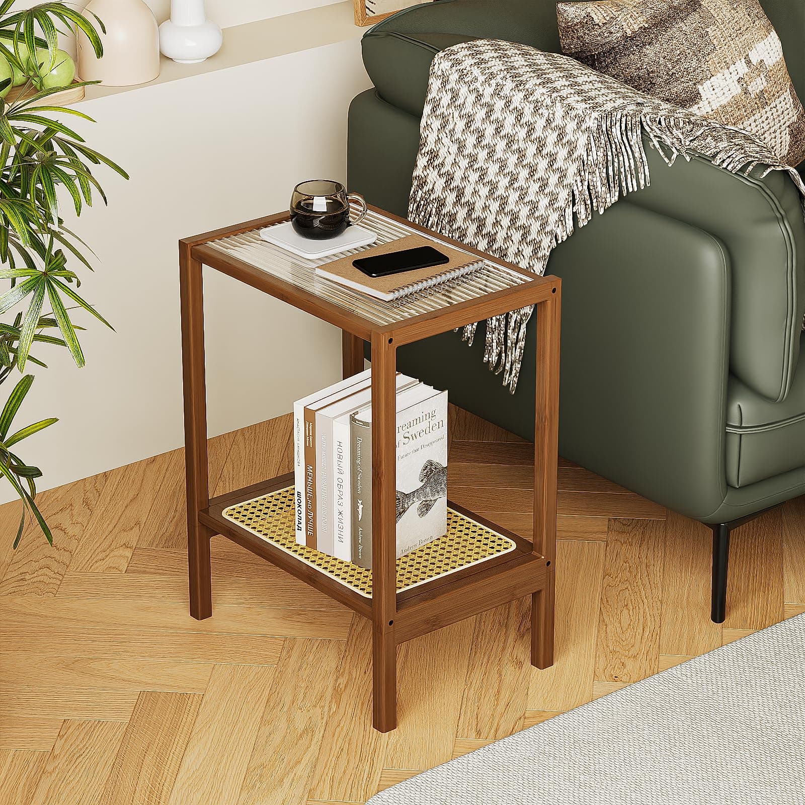Bamworld Rattan 2-Tier Side Table with Storage Boho Living Room Glasstop Narrow Coffee Table