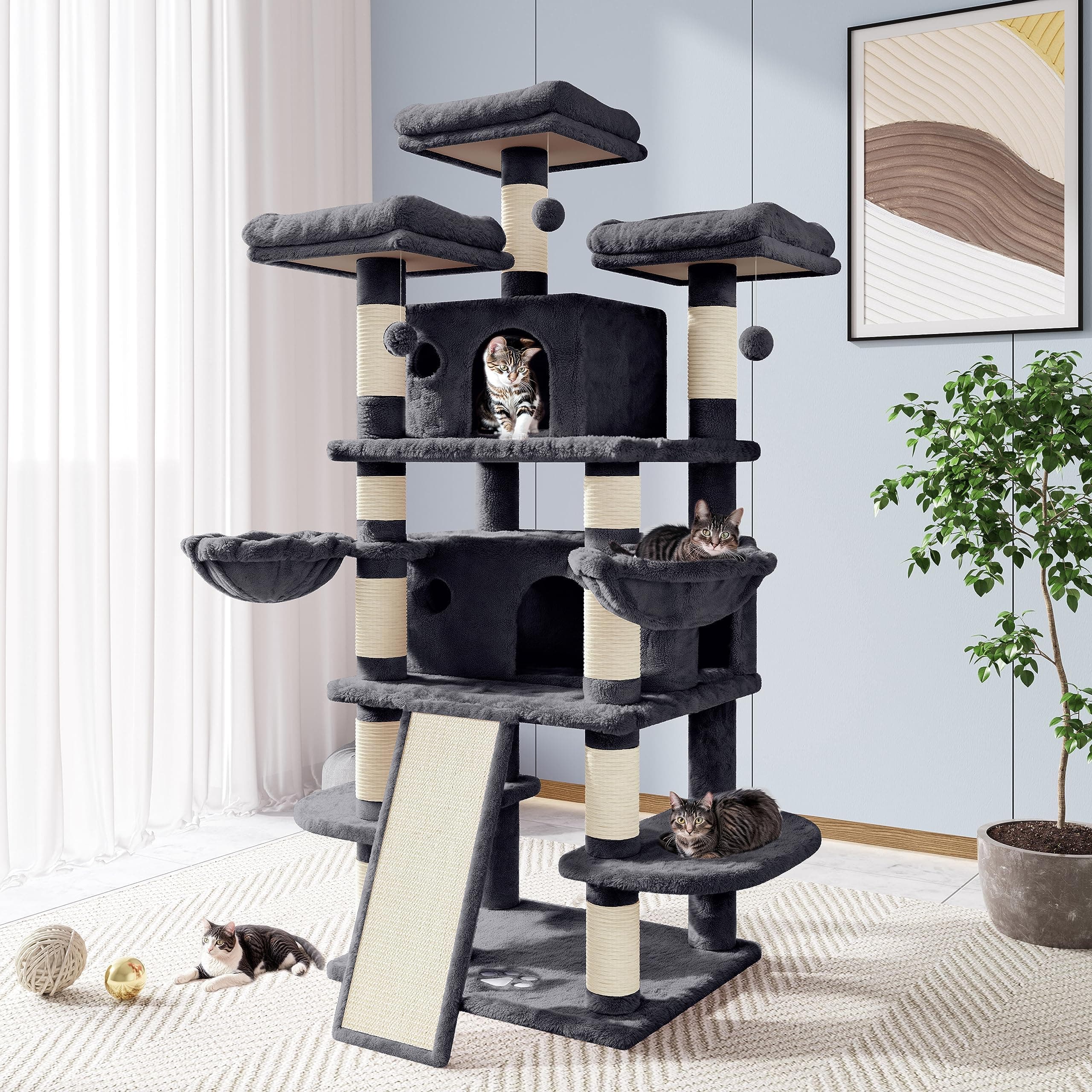 Allewie 68" Smokey Grey Cat Tree with Towers and Condo