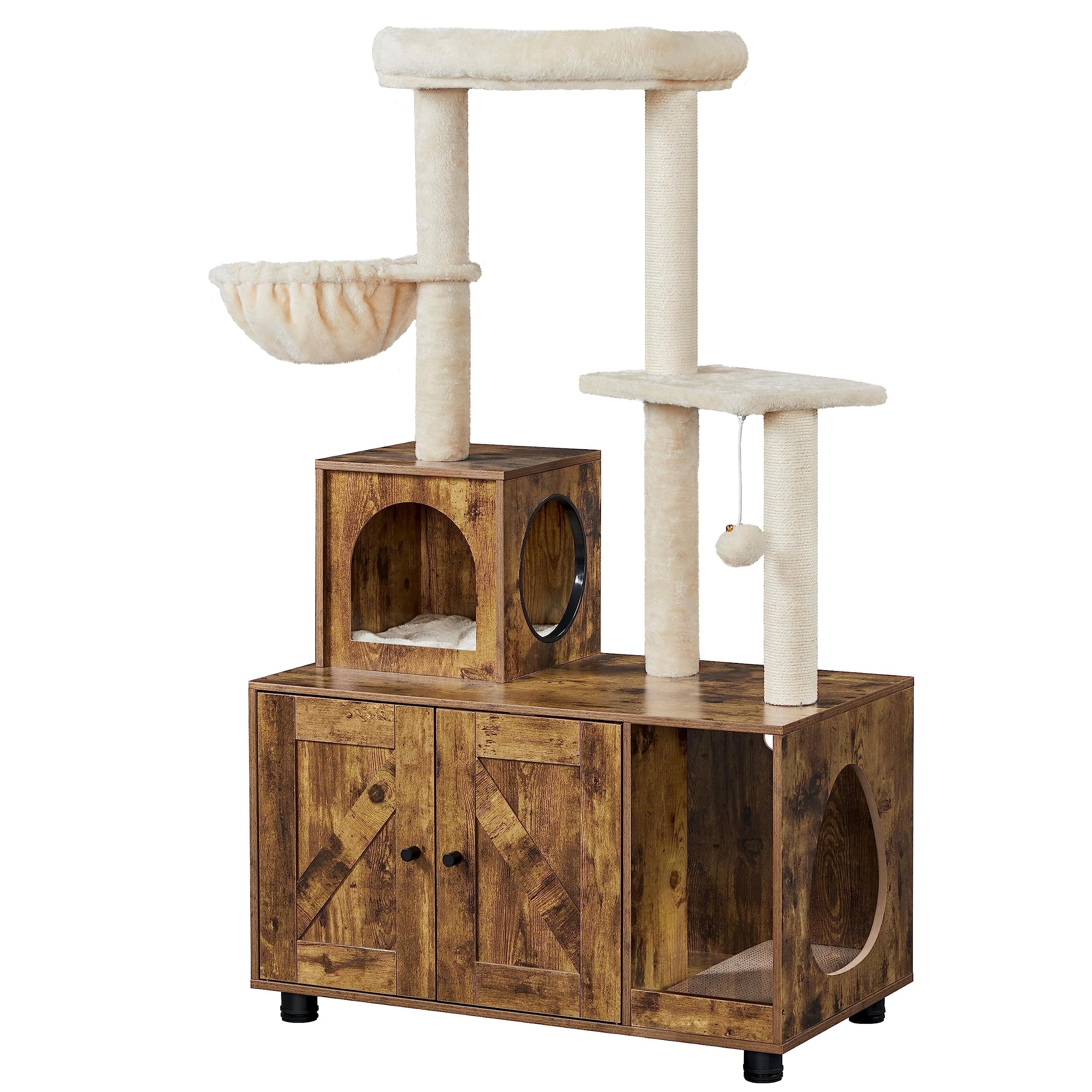Yaheetech Cat House with Litter Box Enclosure and Tree - All-in-One Wooden Furniture in Rustic Brown/Beige