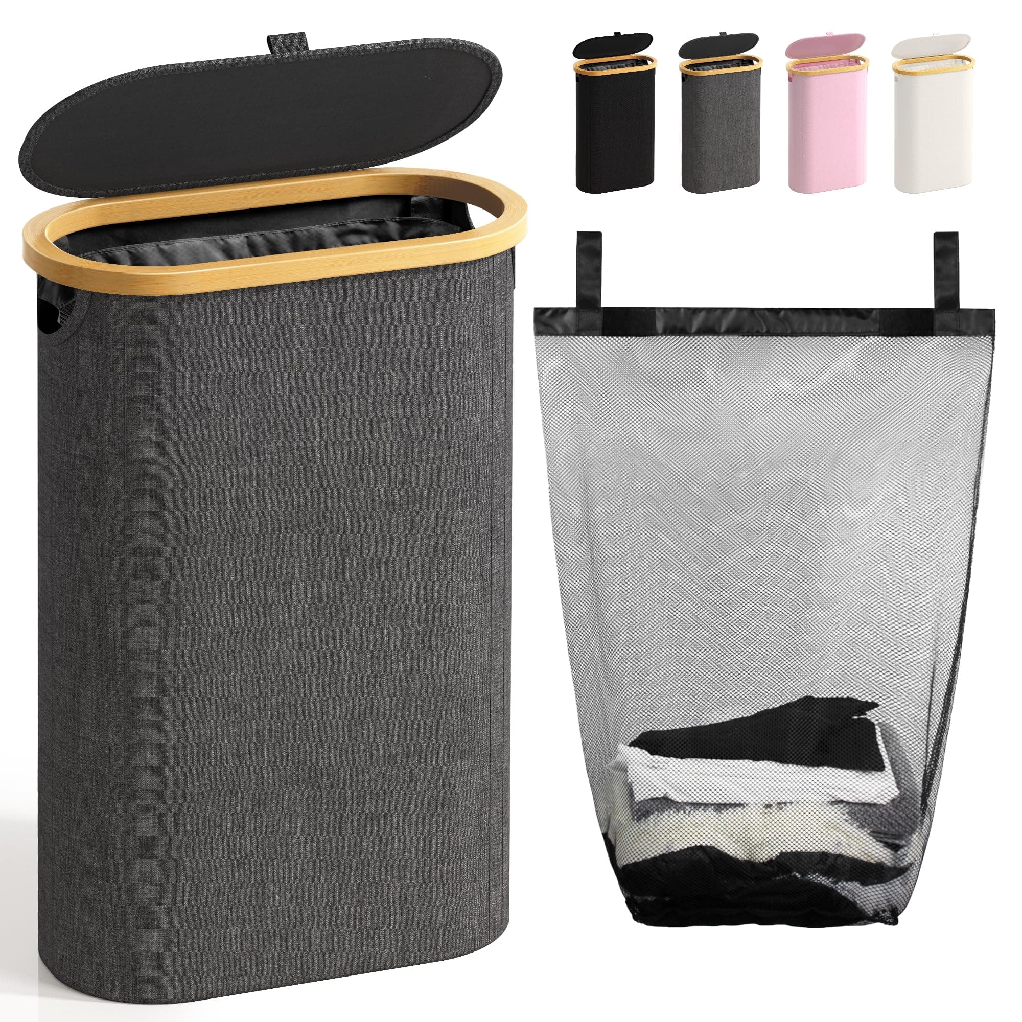 Slim Dark Grey Laundry Hamper with Lid, 60L & Handles